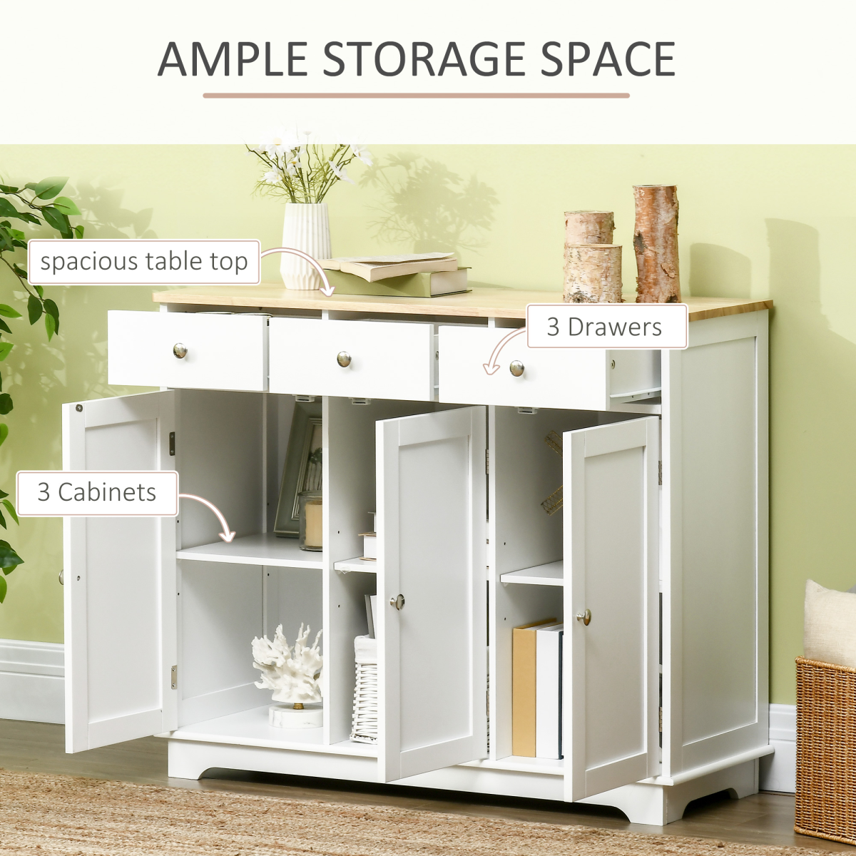 HOMCOM White Sideboard with Natural Rubberwood Top, 3 Drawers & Adjustable Shelves – Storage Cabinet