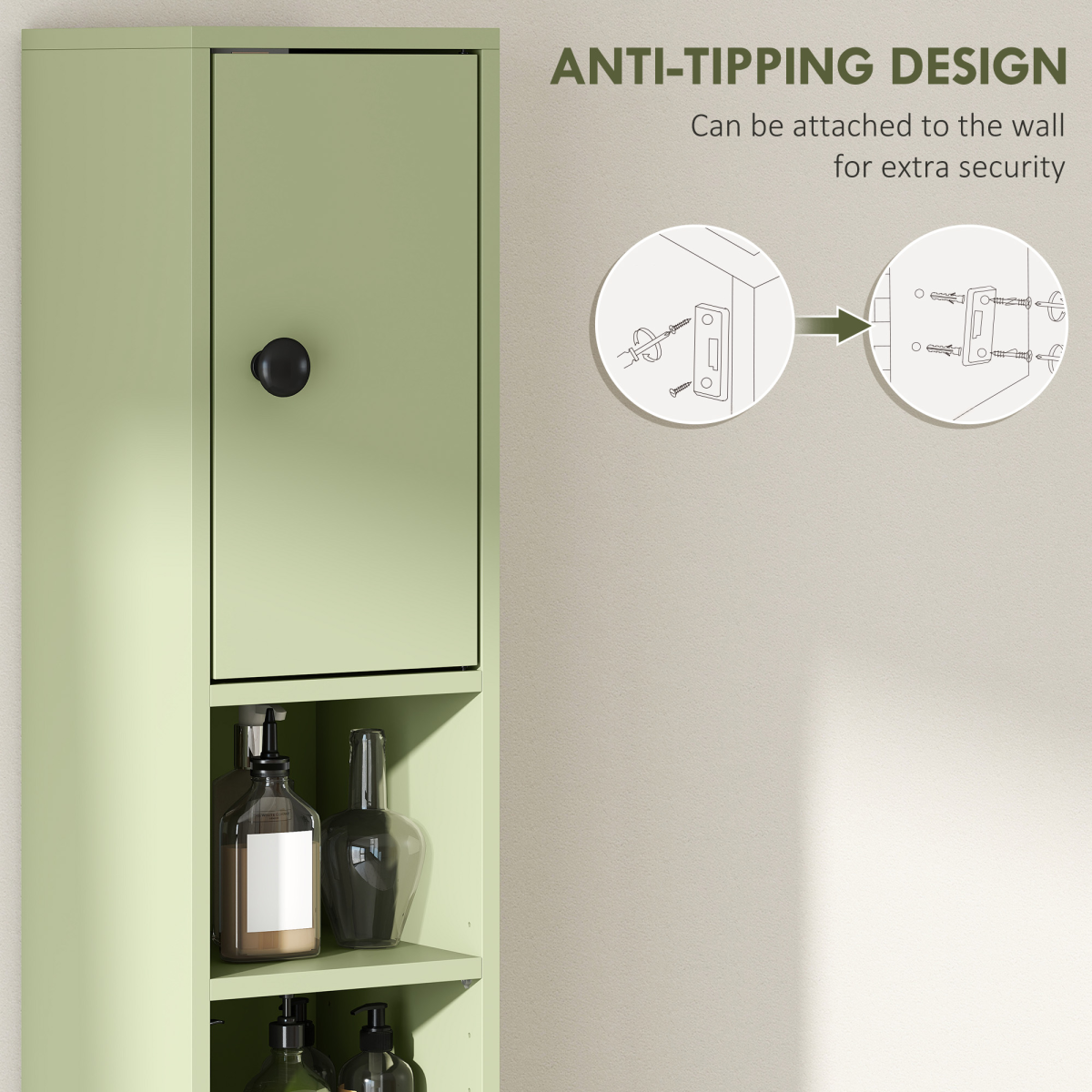kleankin Slim Bathroom Cabinet with Toilet Roll Storage, Drawer & Open Shelves – Tall Freestanding Unit, Green