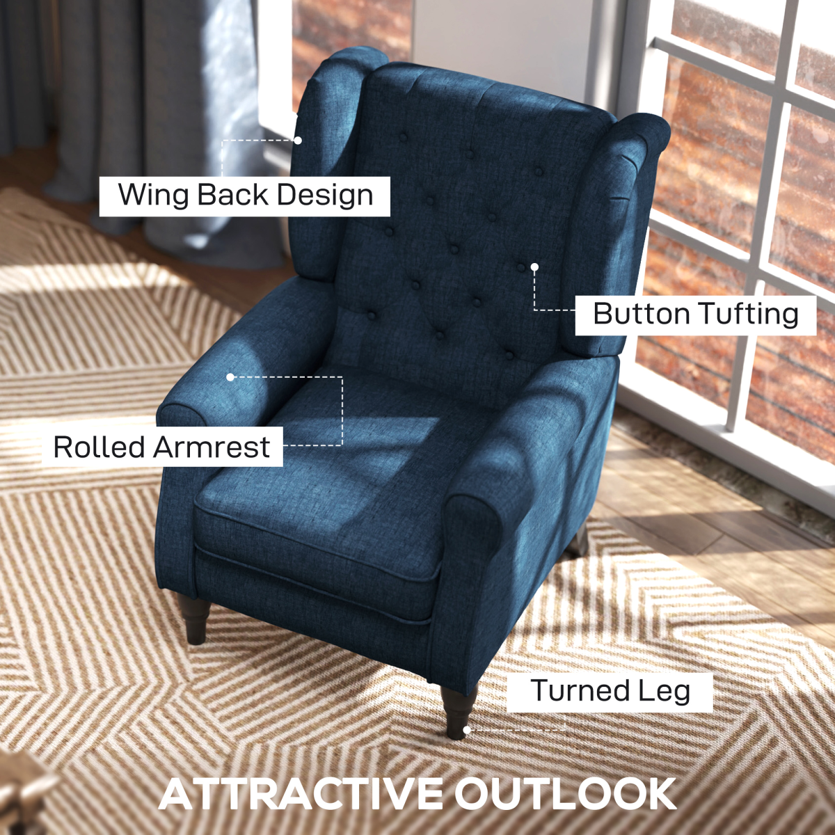 HOMCOM Retro Tufted Club Armchair with Solid Wood Legs, High Back – Accent Chair, Blue