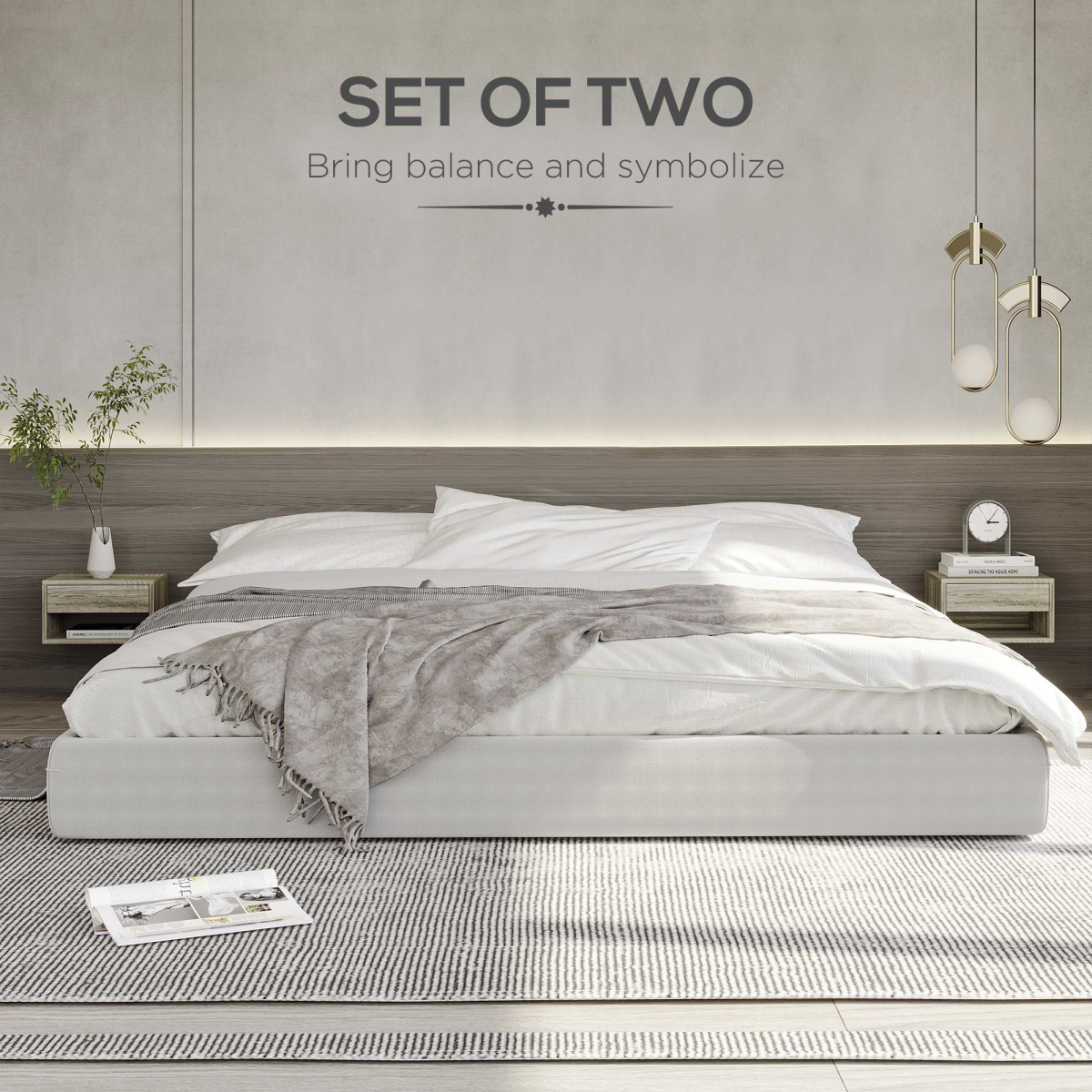 HOMCOM Set of 2 Floating Wall Mounted Bedside Tables with Drawer and Shelf – Nightstands, Brown