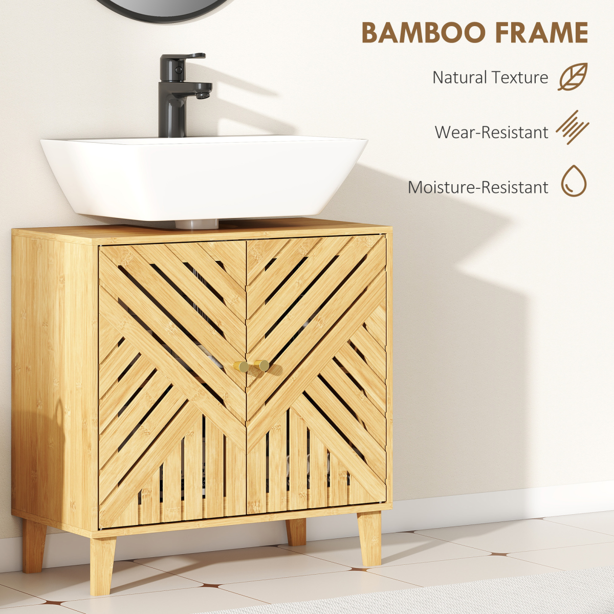 HOMCOM Bamboo Bathroom Under Sink Cabinet with Adjustable Shelf & U-Shape Cut-Out – Nordic Style, Natural