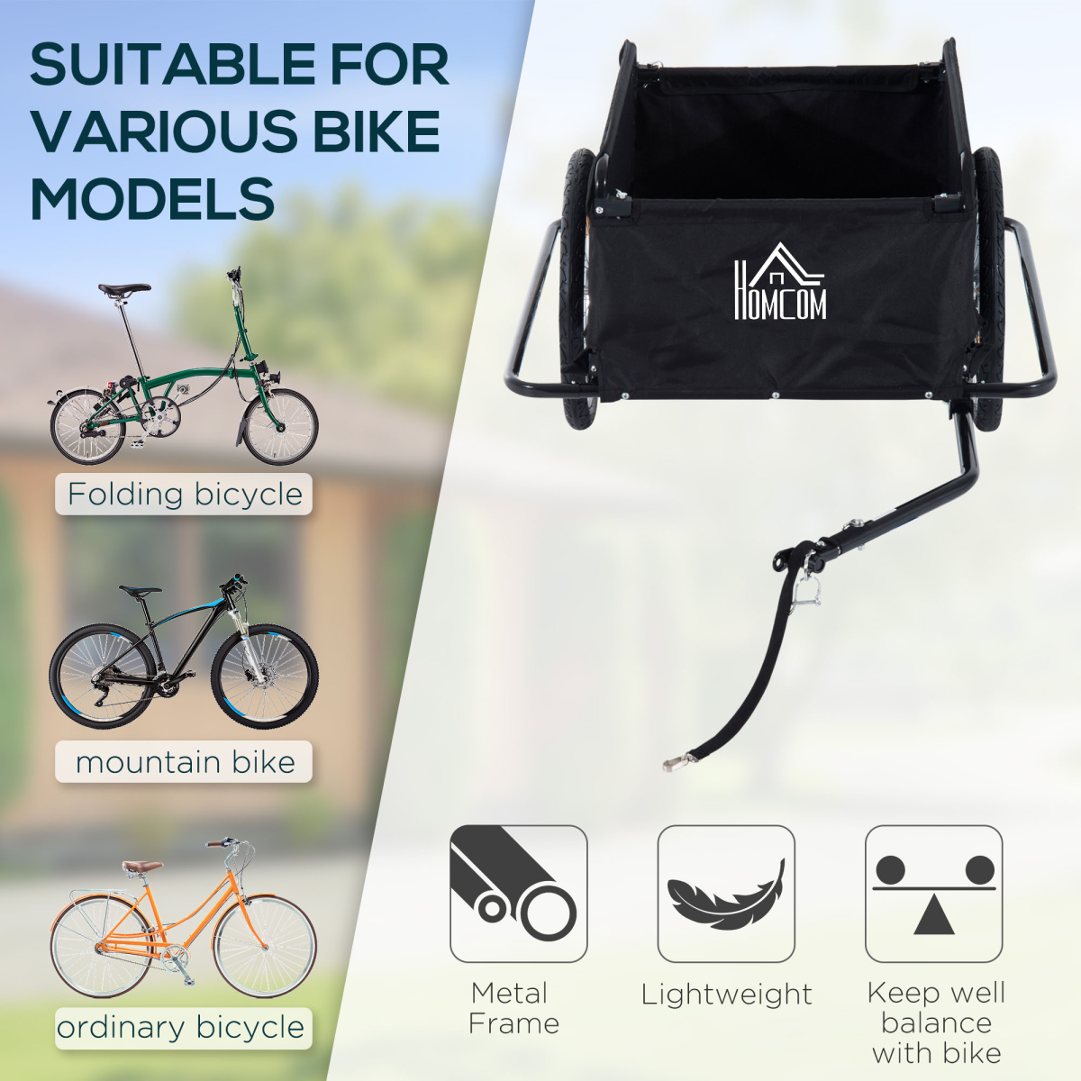 HOMCOM Two-Wheel Bicycle Cargo Trailer with Folding Storage Bag & Top Cover – 40kg Steel Frame Bike Wagon