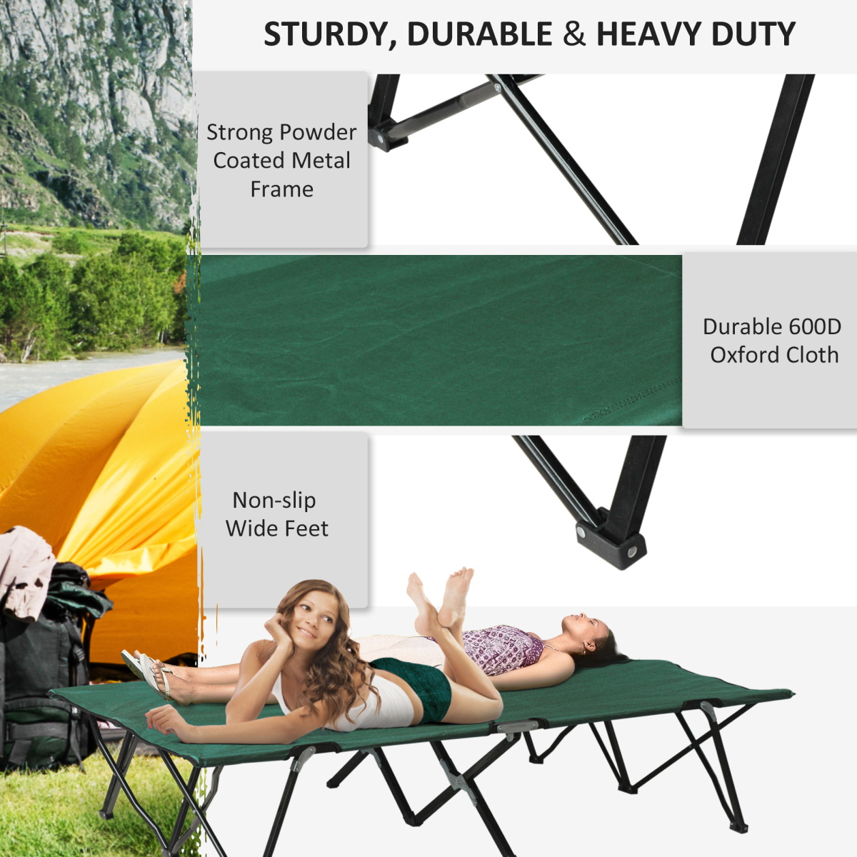 Outsunny Double Camping Cot with Carry Bag, 136kg Capacity – Folding Two-Person Camp Bed, Green