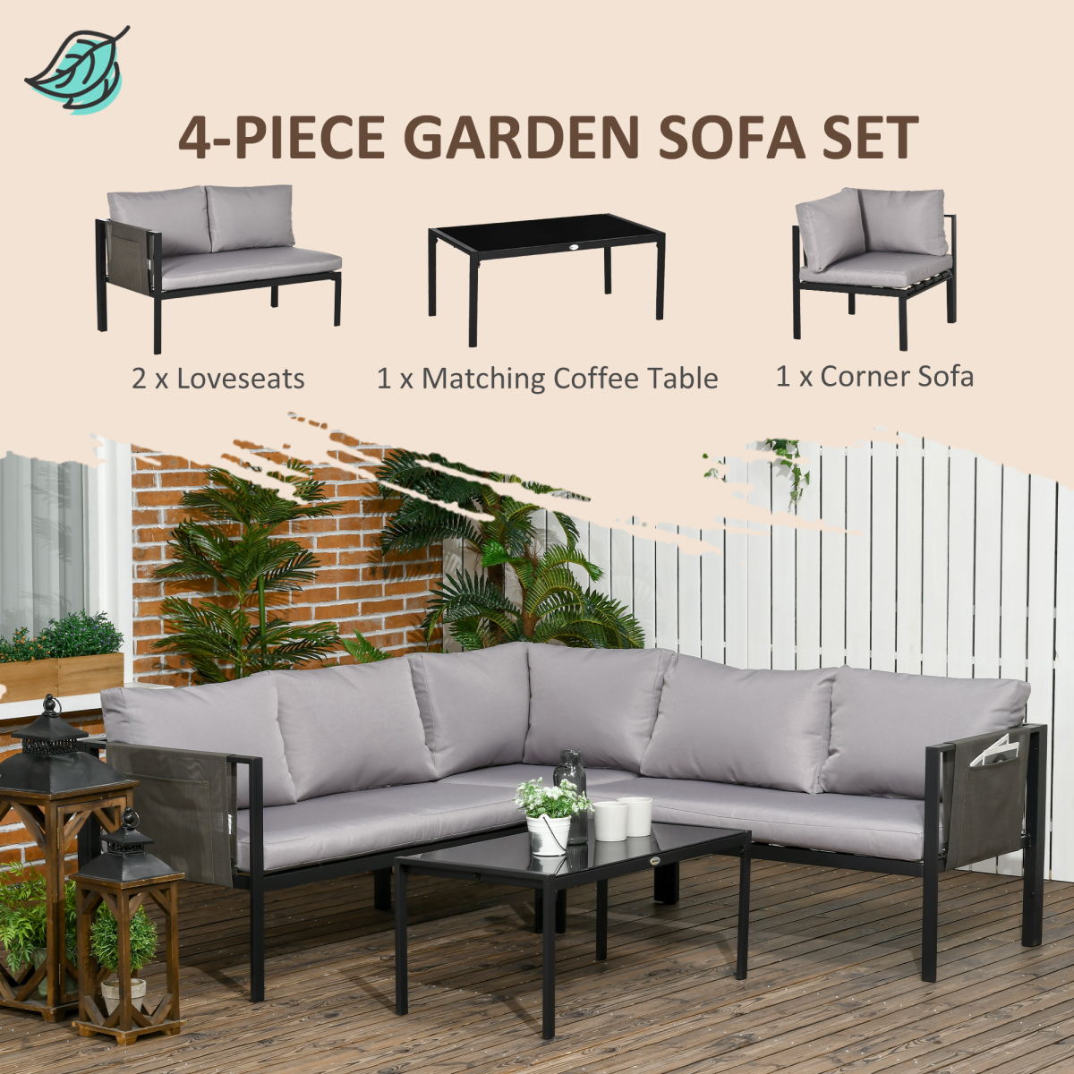 Outsunny 4-Piece Garden Furniture Set with Two Loveseats, Corner Seat & Glass-Top Table – Steel Frame, Light Grey