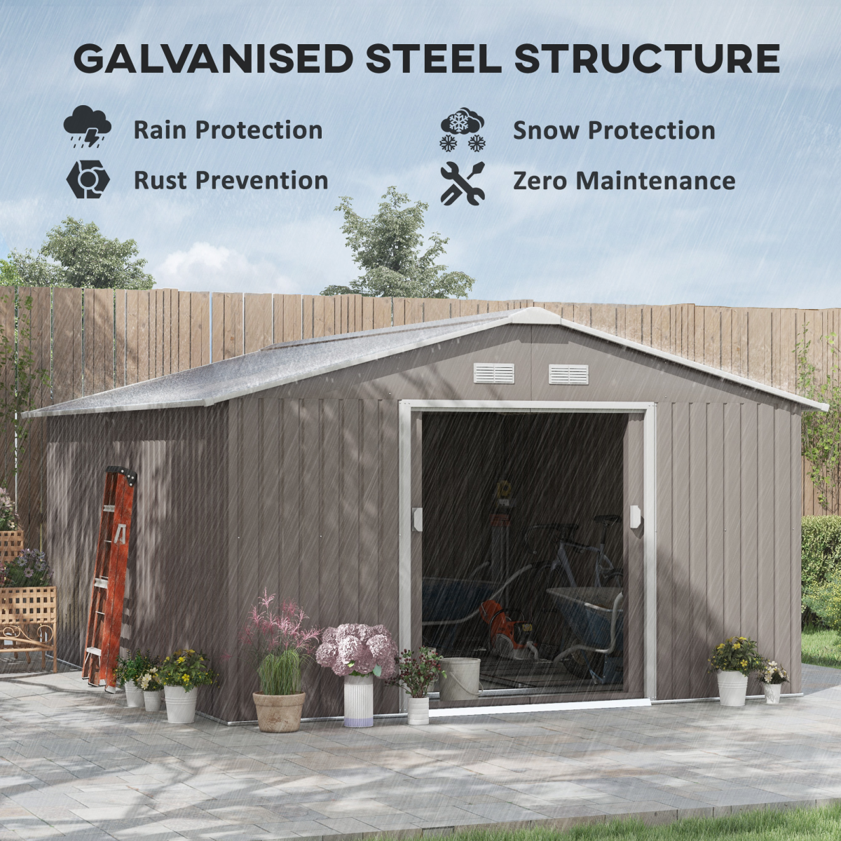 Outsunny 12.5 x 11ft Metal Garden Shed with Double Doors & Sloped Roof – Colour Steel Tool Storage with Foundation
