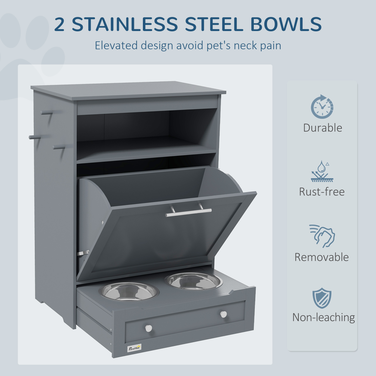 PawHut Pet Feeder Station with Two Removable Bowls & Storage Cabinet – Dog and Cat Feeding Table, Grey