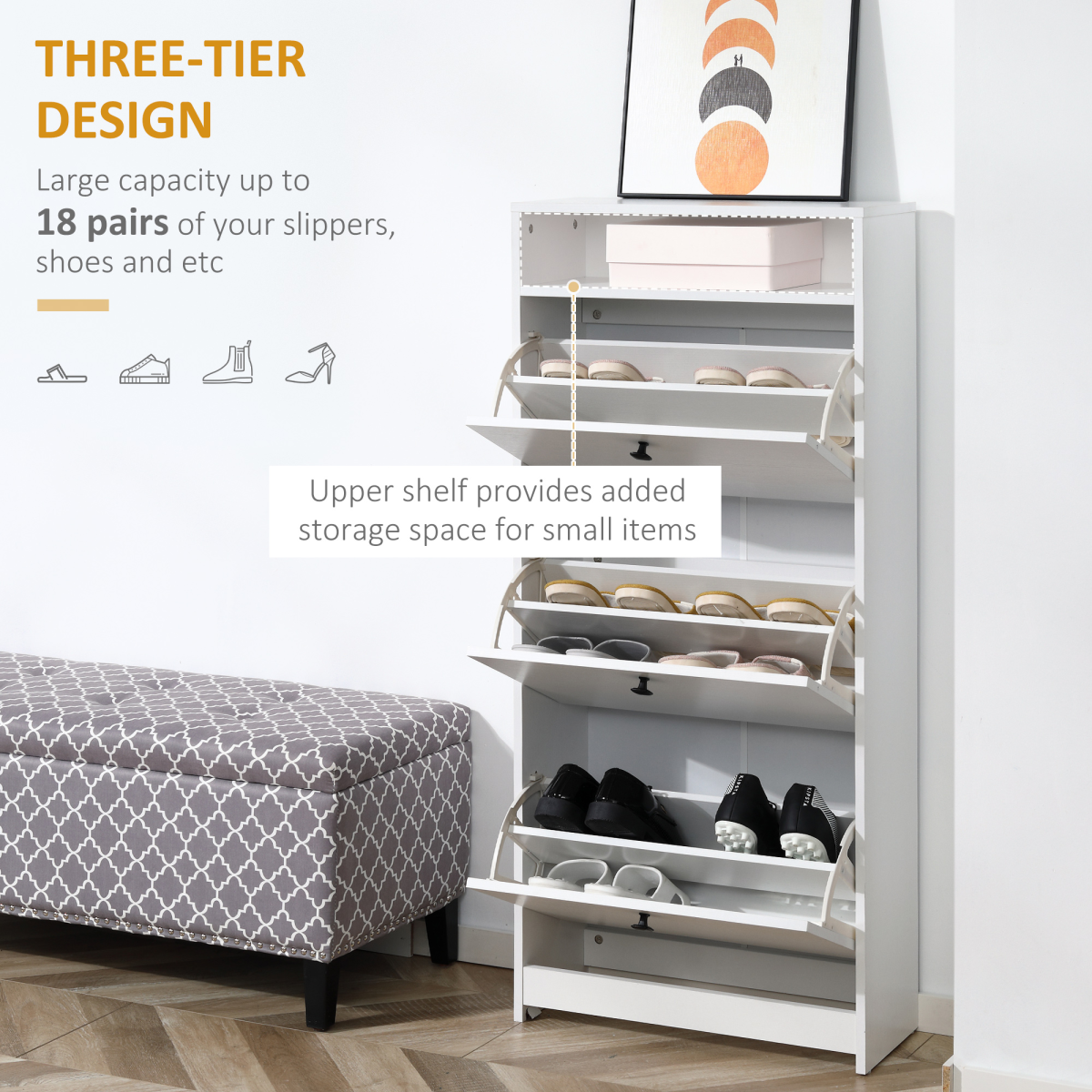 3-Drawer Shoe Storage Cabinet with Flip-Down Drawers – Holds 18 Pairs, Slim Hallway Organiser, White