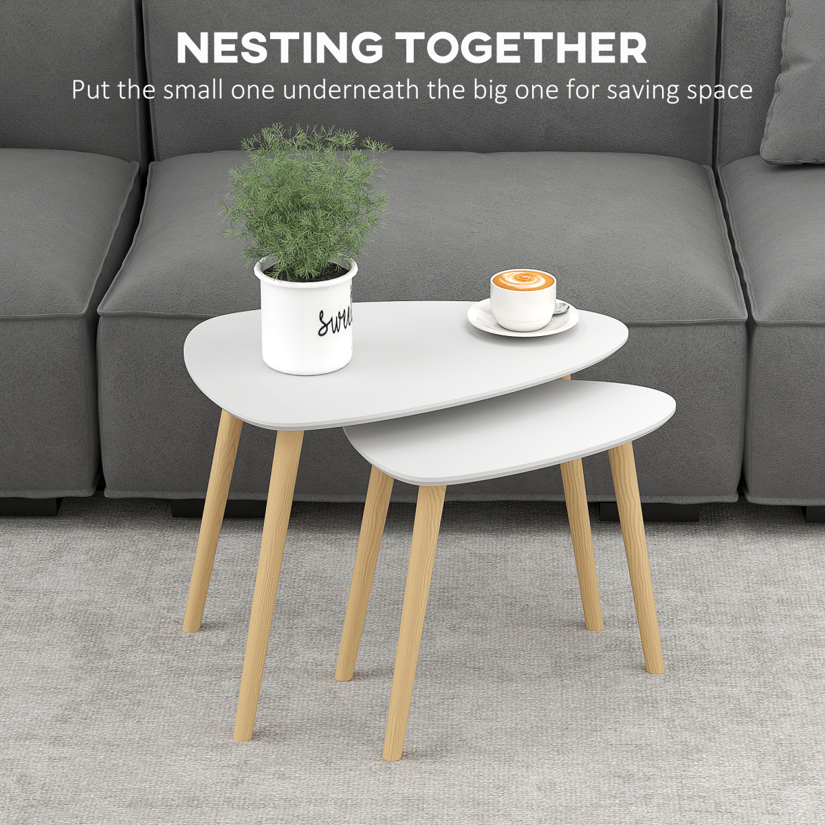 HOMCOM Side Table Set of 2 – Modern Nesting End Tables with Solid Wood Legs, Light Grey and Natural