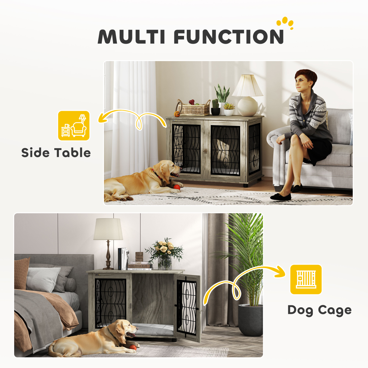 PawHut Dog Crate Furniture, 37 Inch End Table for Large Dogs with Cushion – Lockable Door, Grey Wood Effect