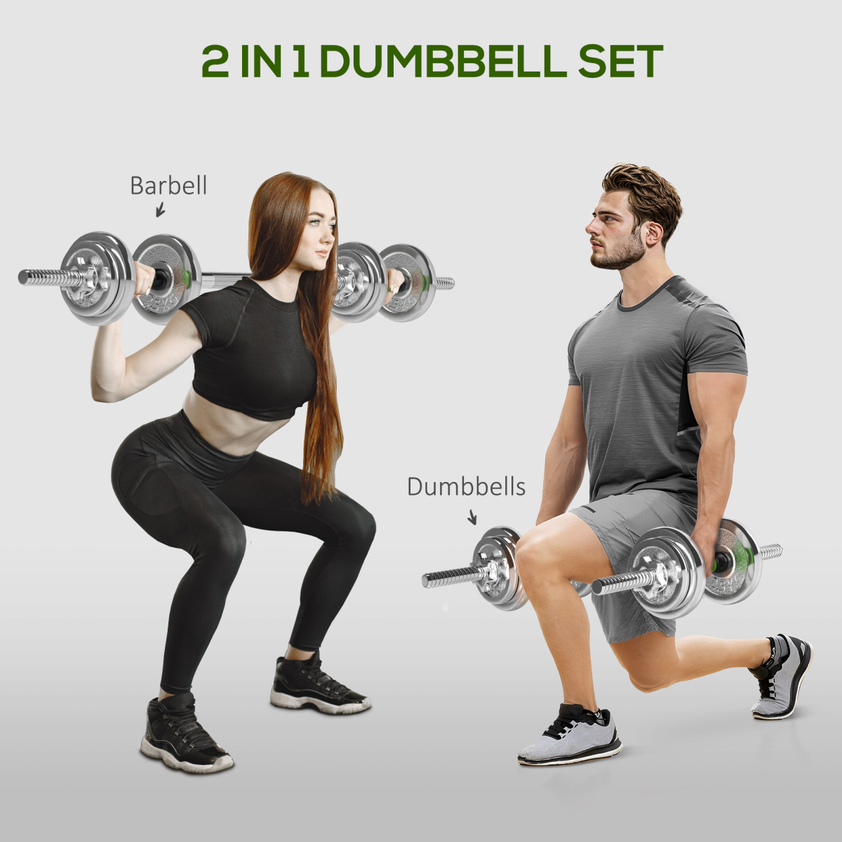 SPORTNOW 20kg 2-in-1 Adjustable Dumbbell Set with Connecting Bar – Converts to Barbell for Home Gym, Green