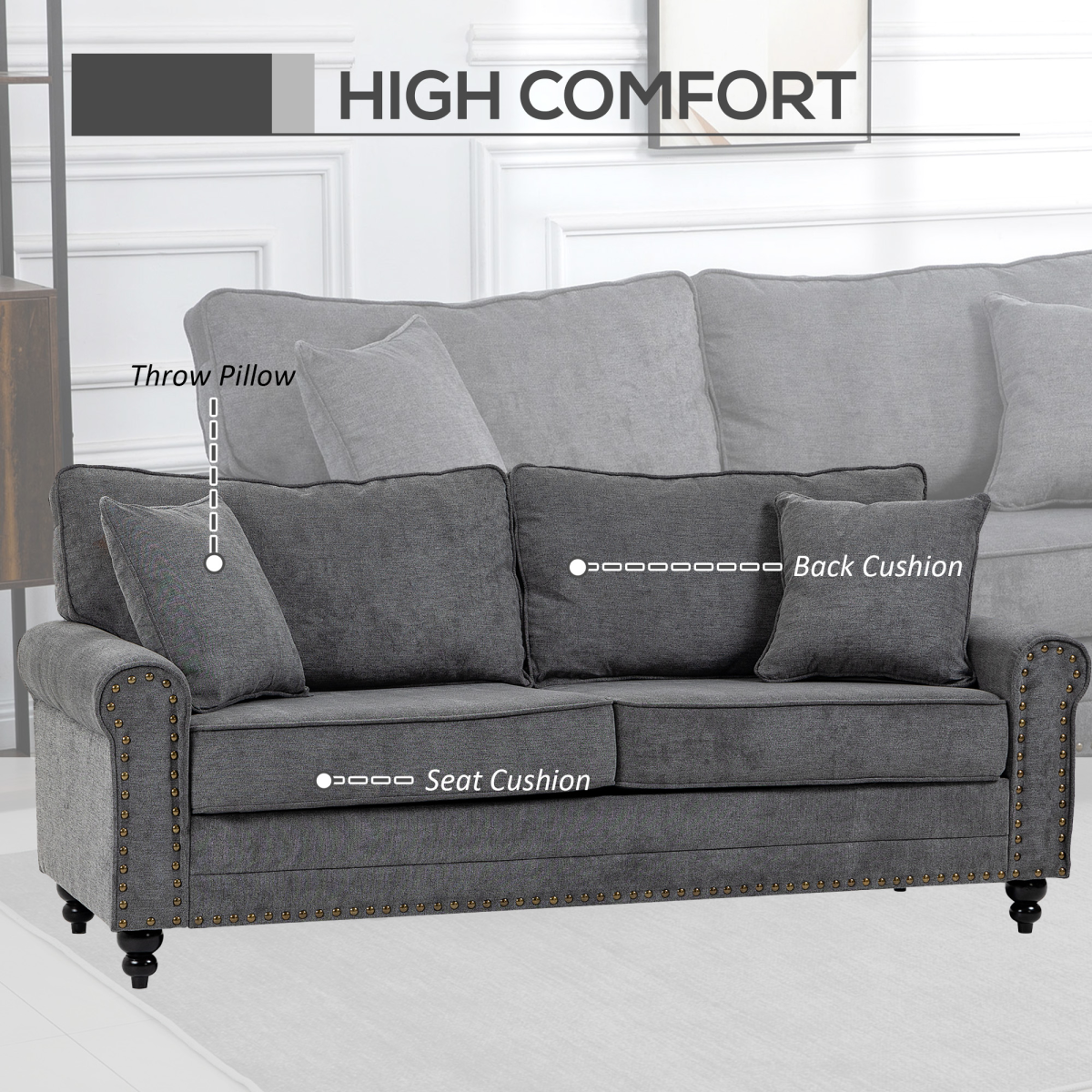 Loveseat with two throw pillows
