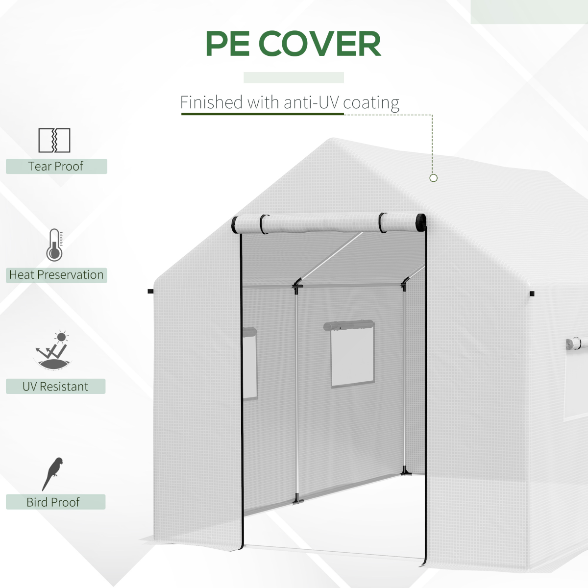 Outsunny 2 x 3m Tunnel Greenhouse with UV PE Cover, Wide Roll-Up Door & Windows – Steel Frame, White