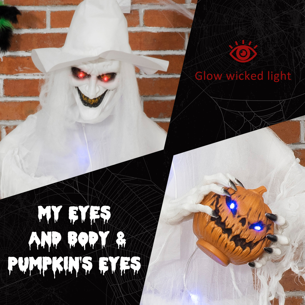 HOMCOM 72 Inch Halloween White Witch Holding Pumpkin – Button-Activated Light-Up Skeleton Ghost Decoration