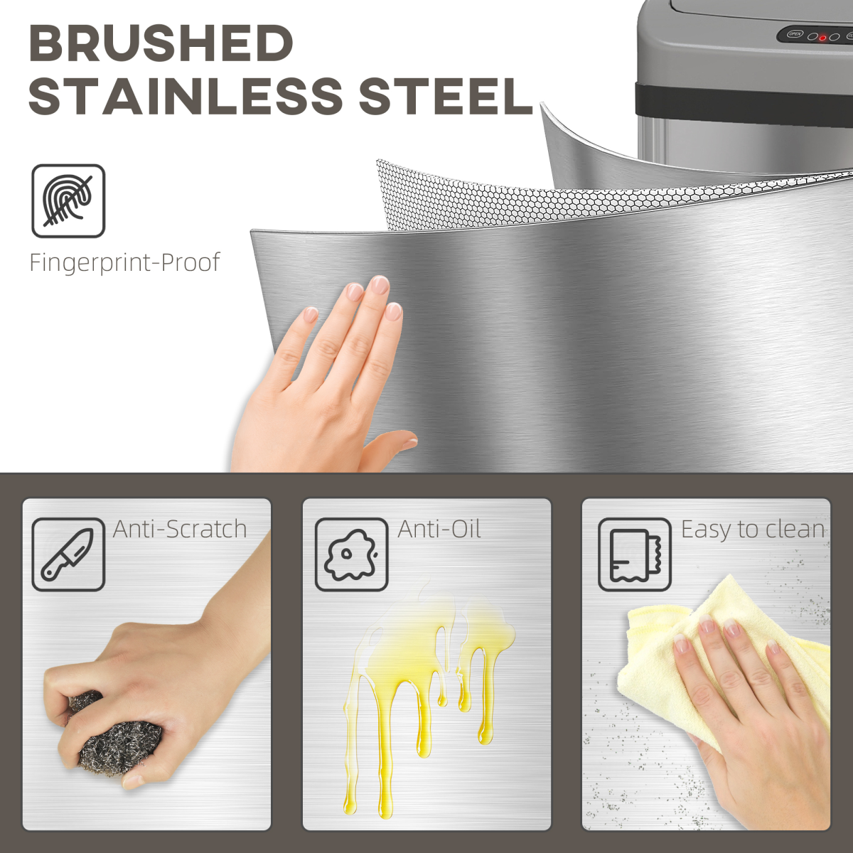 HOMCOM 48L Stainless Steel Sensor Bin with Infrared Lid & Automatic Close – Touch-Free Kitchen Bin, Silver
