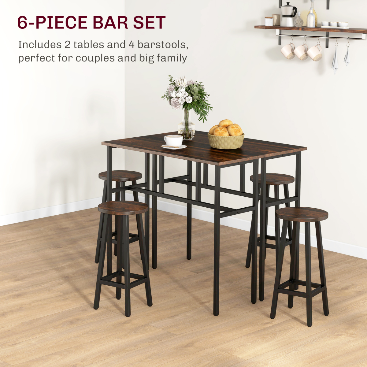 HOMCOM 6-Piece Industrial Bar Table Set with 2 Tables & 4 Stools – Footrests, Brown
