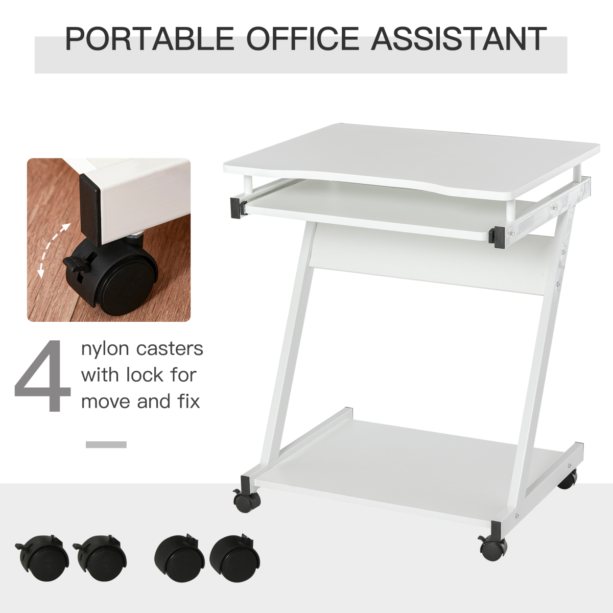 HOMCOM Computer Desk with 4 Lockable Wheels and Sliding Keyboard Tray – Mobile Home Office Workstation, White