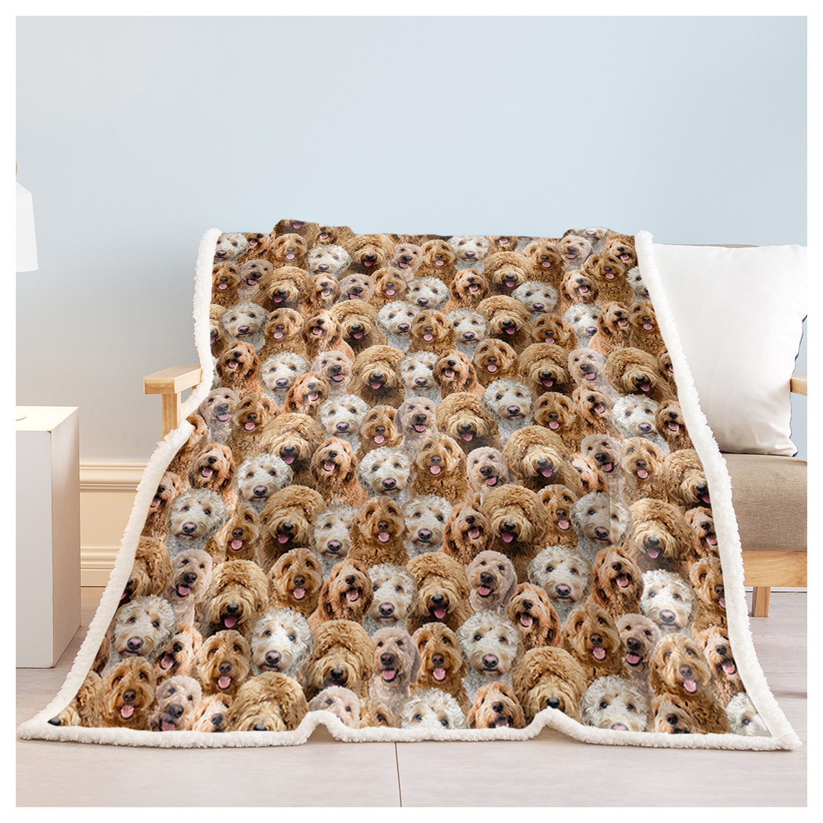Cockapoo Puppy Print Sherpa Fleece Throw Blanket – Soft Reversible Dog Pattern Blanket for Kids & Adults, 150x200cm