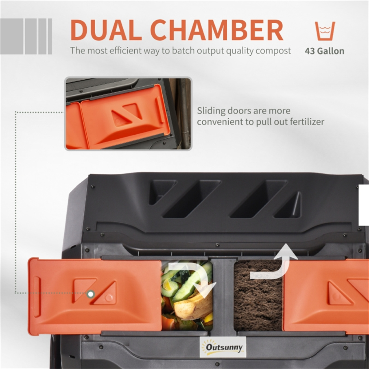 Dual Chamber Tumbling Compost Bin with 360° Rotation & Ventilation – 42.3 Gallon Garden Composter, Orange