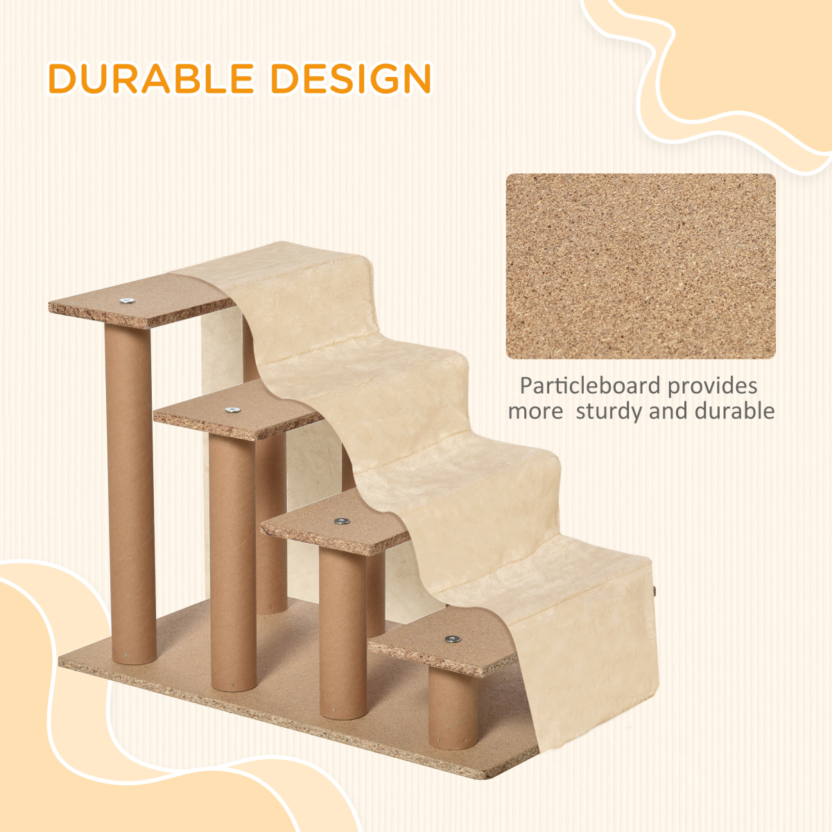 Four-Step Pet Stairs with Soft Flannel Removable Cover – Pet Steps for Cats and Small Pets, Beige