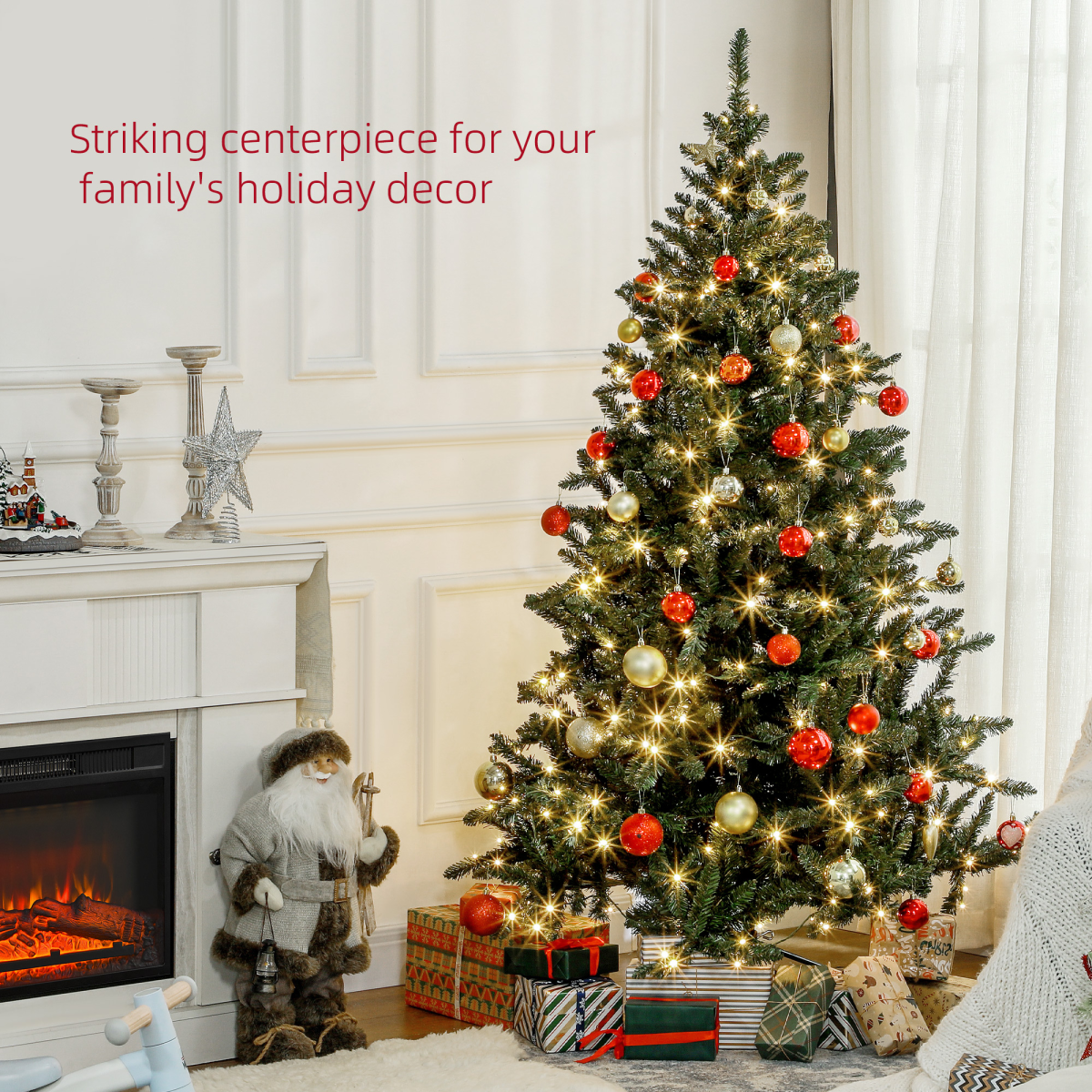 HOMCOM 6ft Artificial Christmas Tree with 310 Warm White LED Lights & Metal Base – Indoor, Green