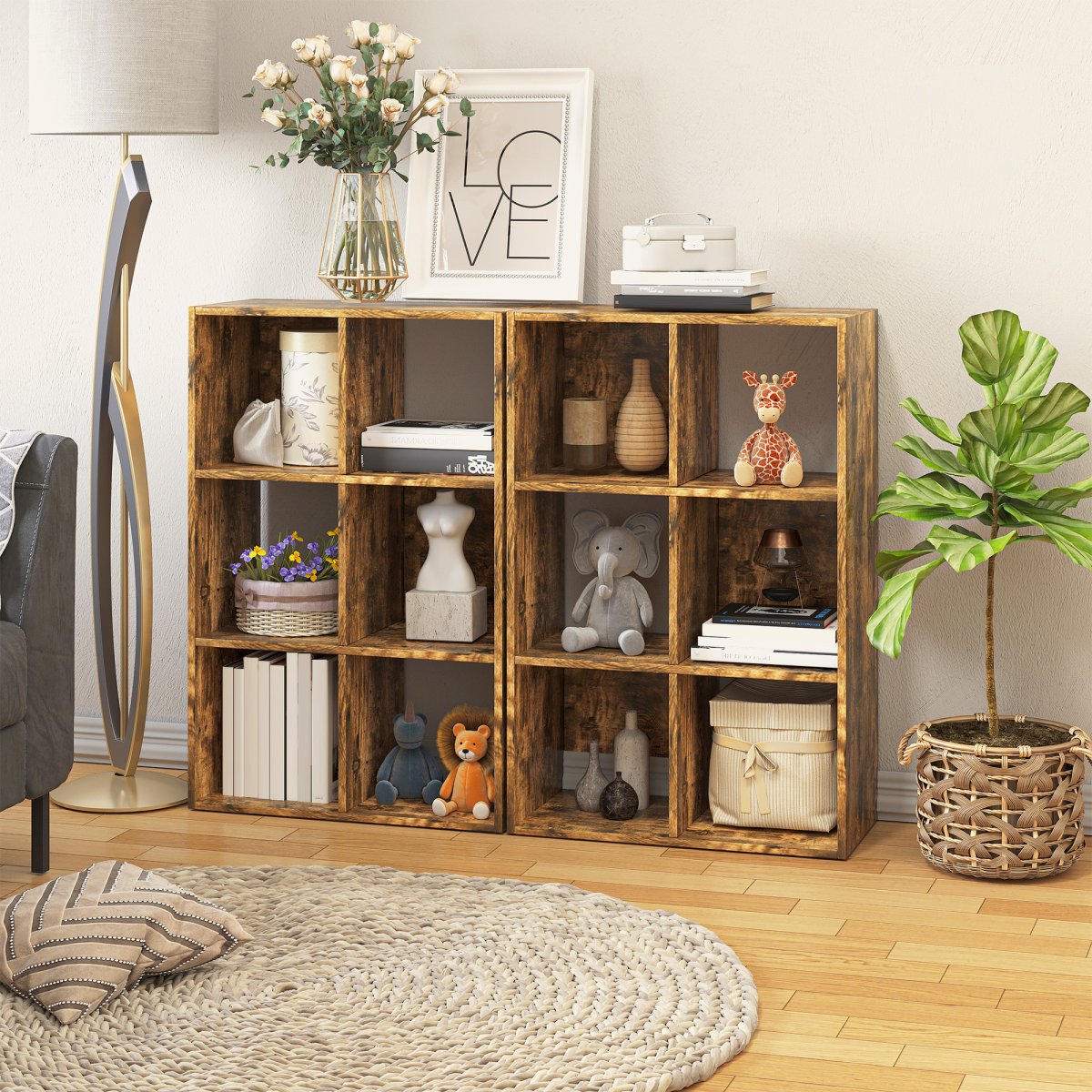 HOMCOM Industrial Style 3-Tier Storage Shelf Bookcase with 6 Open Compartments – Anti-Tip, Rustic Brown