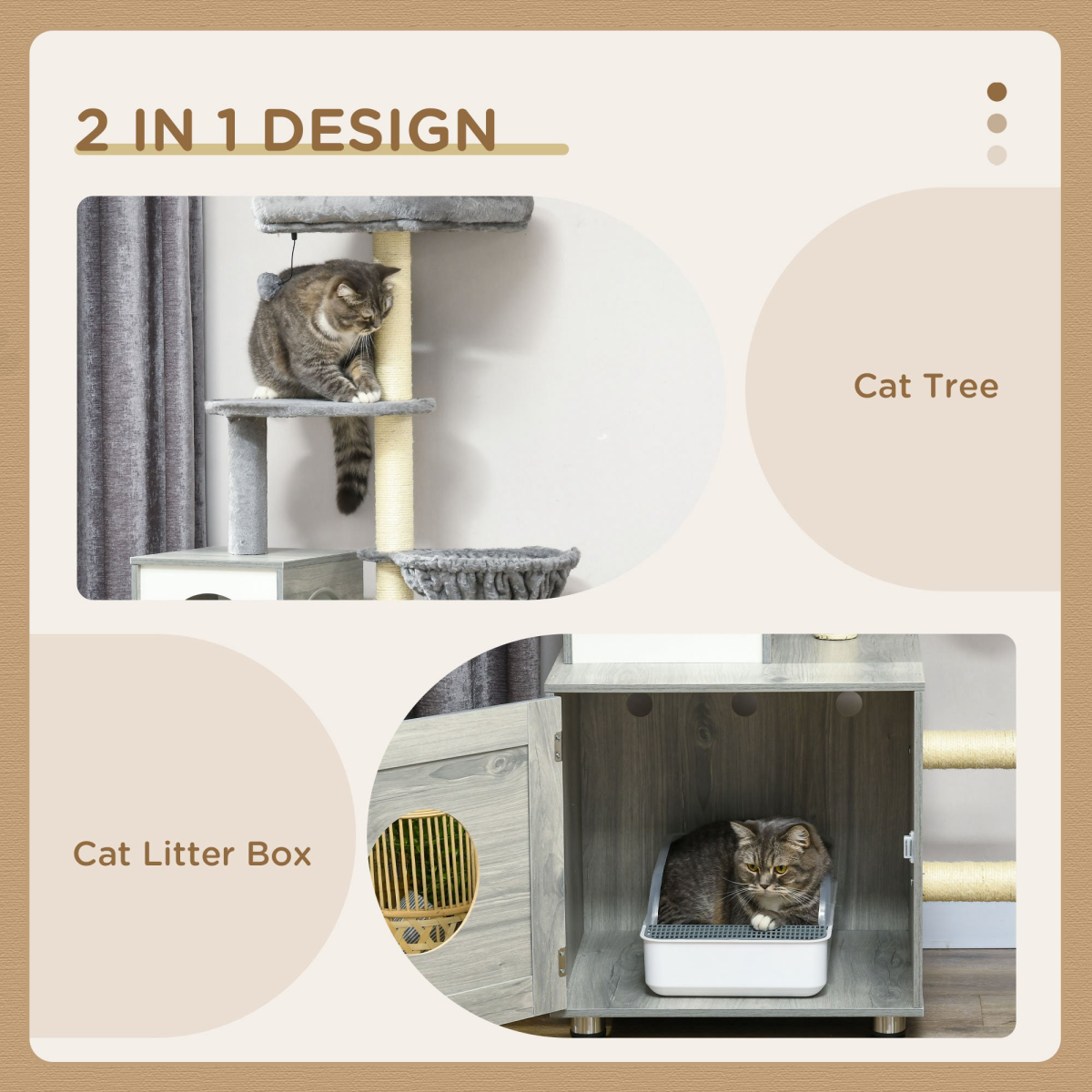 PawHut Cat Litter Box Enclosure with Cat House, Bed, Scratching Posts and Platform – 2-in-1 Cat Tree, Grey
