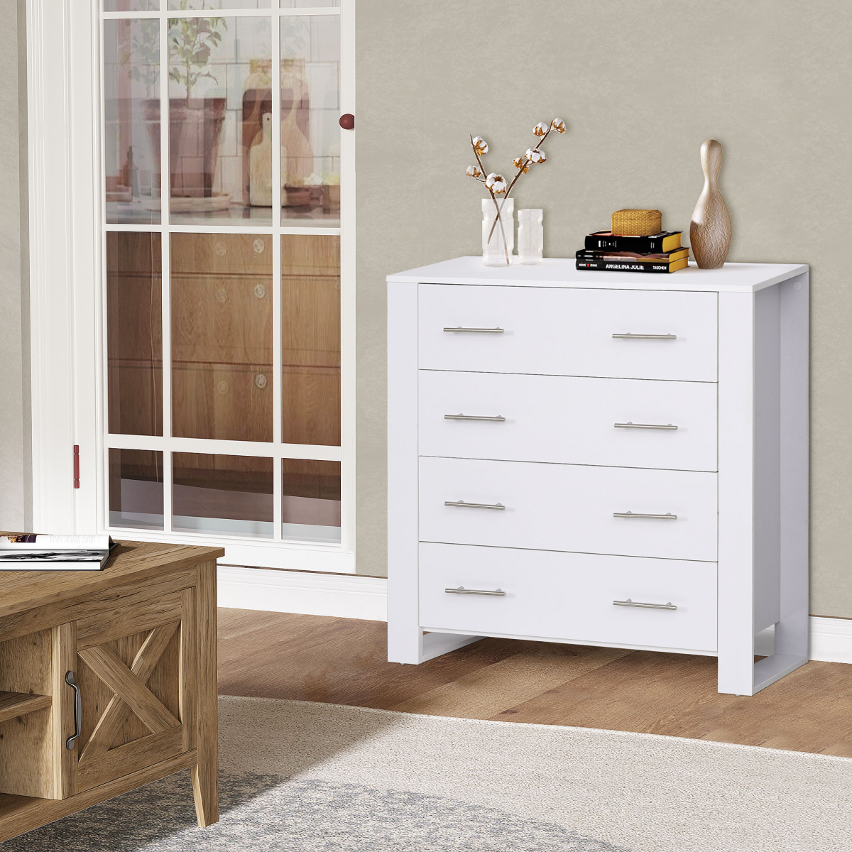 Chest of 4 Drawers with Metal Handles – White Bedroom & Hallway Storage Unit