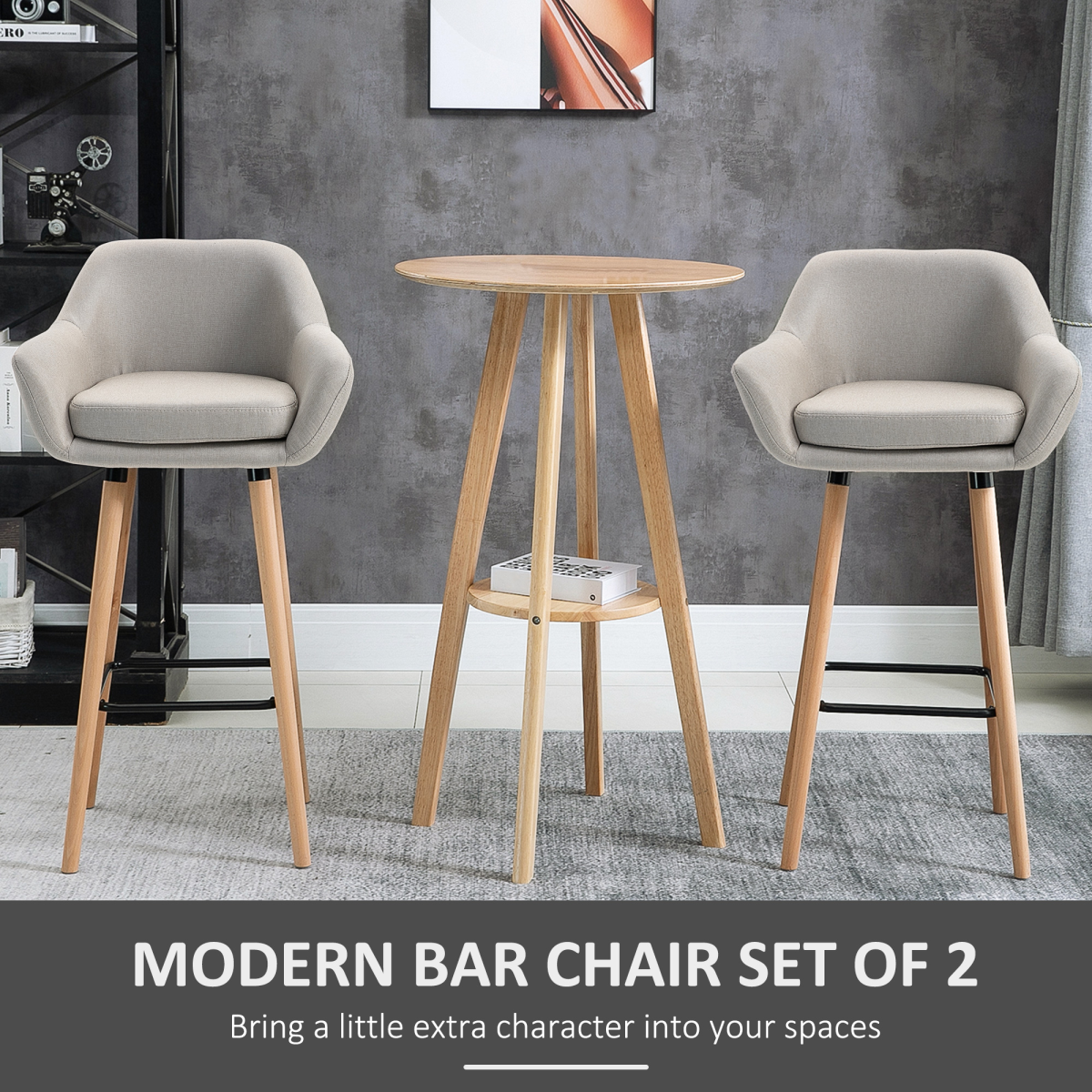 HOMCOM Modern Fabric Bucket Seat Bar Stools with Solid Wood Legs & Footrest – Breakfast Bar Seating, Beige