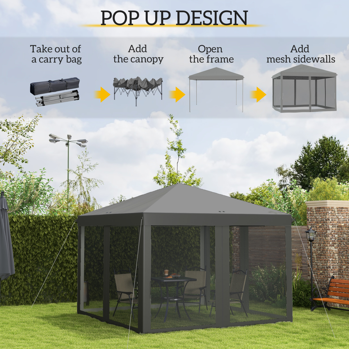 Outsunny 3x3m Heavy Duty Pop Up Gazebo with Removable Mesh Sidewalls & Carry Bag – Event Party Tent, Grey