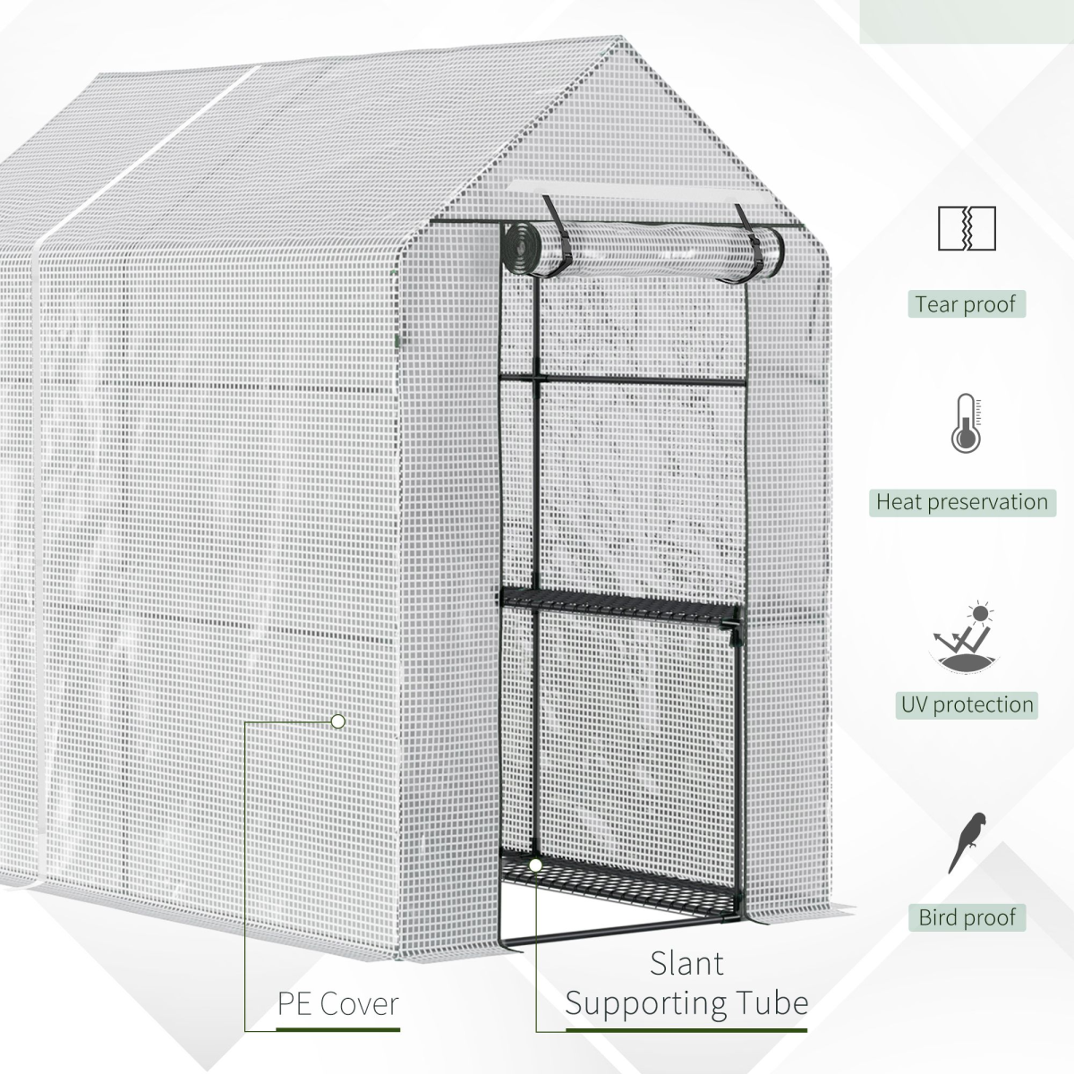 Outsunny Walk-In Garden Greenhouse with 4 Wire Shelves, Roll-Up Door & PE Cover – 186 x 120 x 190cm, White