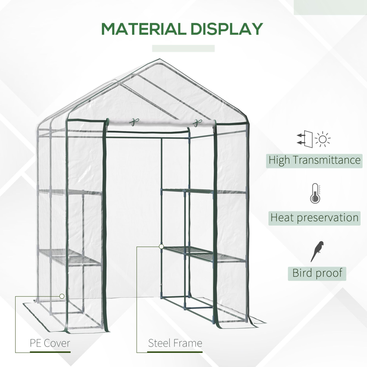 Outsunny Steel Frame Greenhouse with 2 Shelves & 8 Grid Rack – Zippered Roll-Up Door, Clear PVC Cover