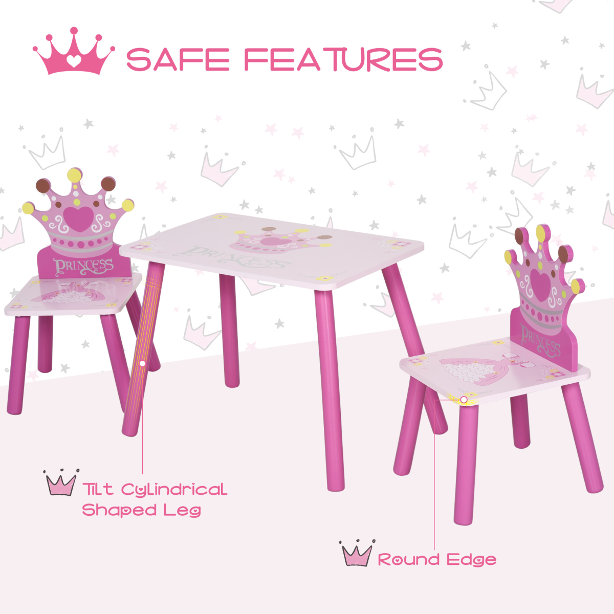 HOMCOM 3-Piece Kids Princess Table and Chair Set with Crown Backs – Pink Play Furniture for Ages 2-4
