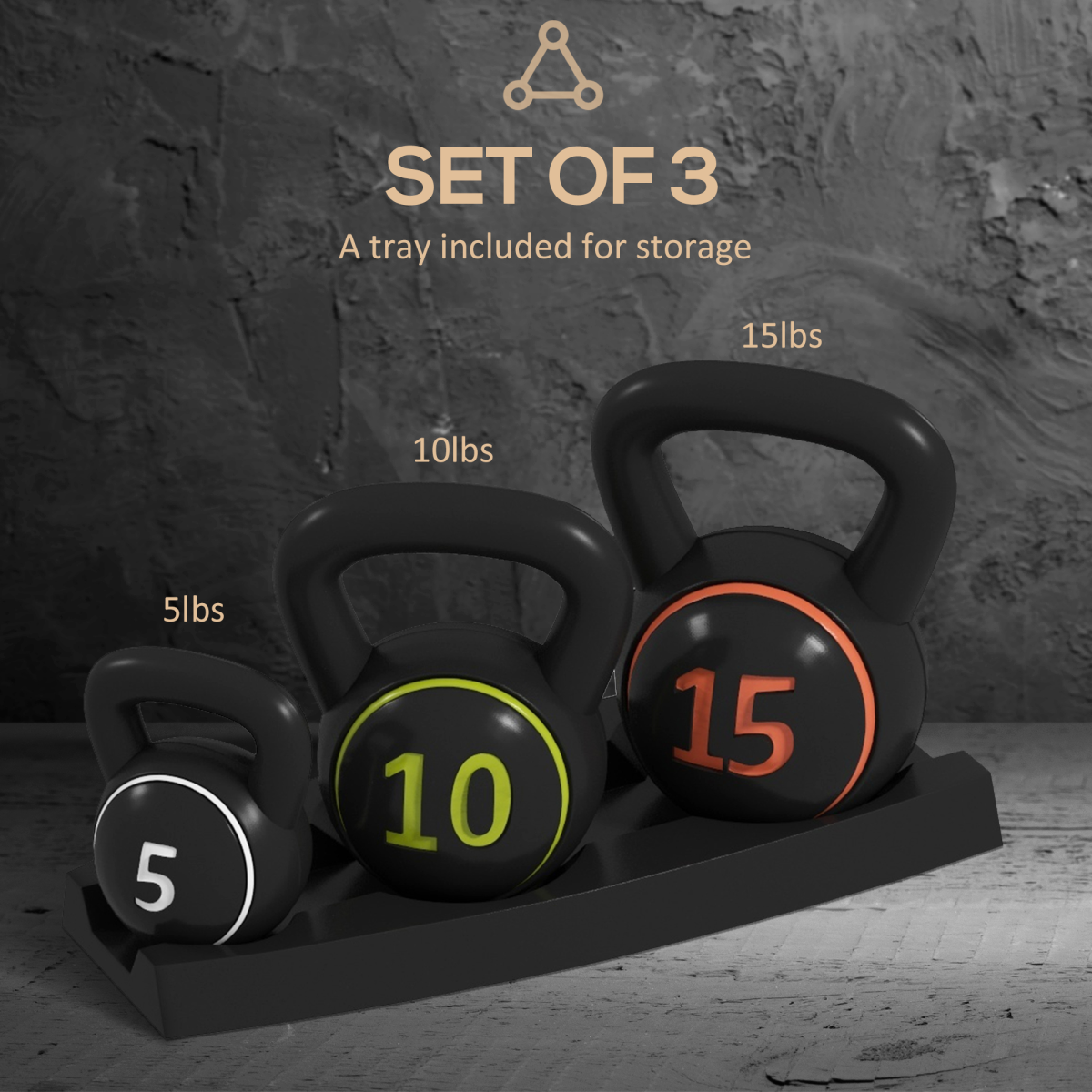 SPORTNOW Kettlebell Set of 3 with Storage Tray, 2.2kg, 4.5kg & 6.8kg – Home Gym Training Weights, Black