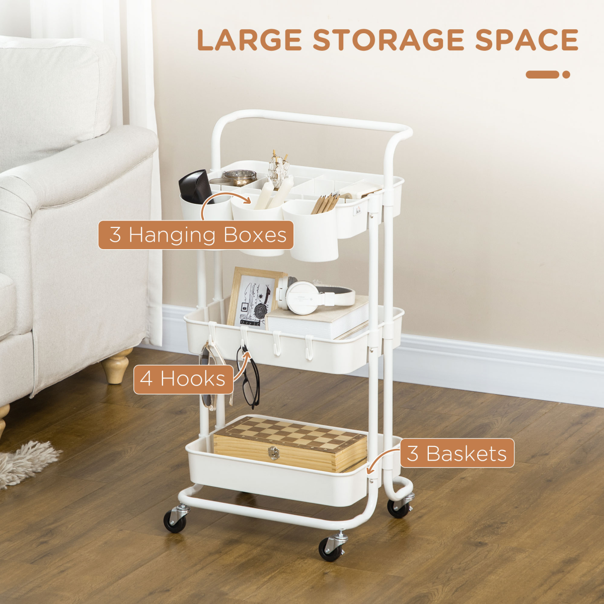 HOMCOM 3-Tier Utility Cart, Rolling Serving Trolley with Baskets and Hooks – Kitchen Storage, White