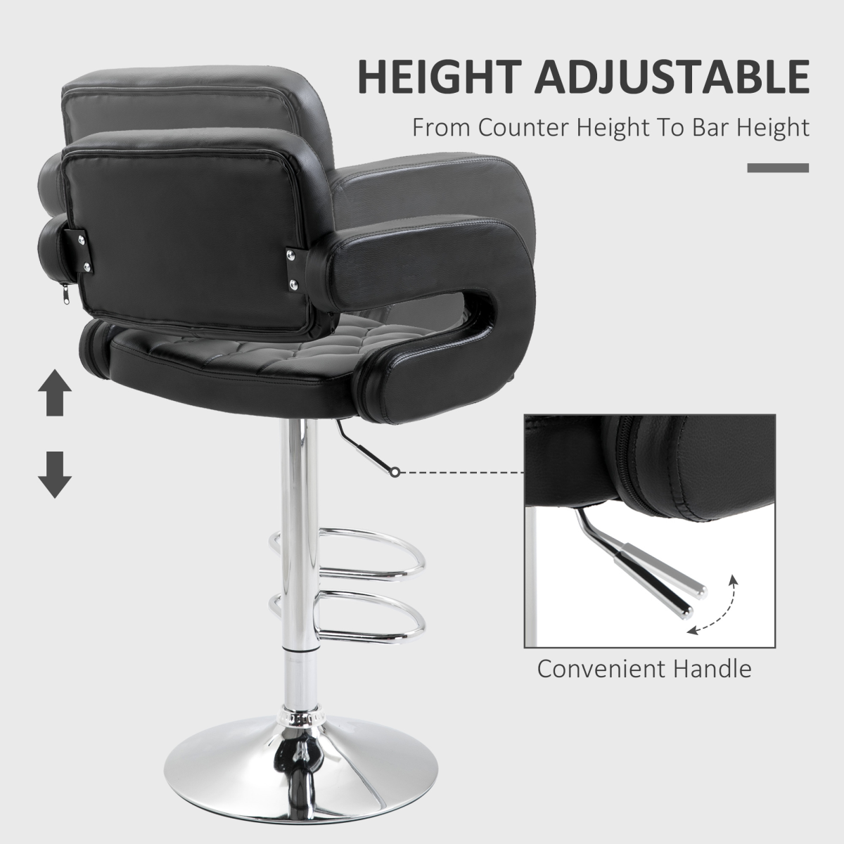 HOMCOM Adjustable Height Swivel Bar Stool with High Back, Arms and Footrest – Tufted PU Leather Kitchen Counter Chair
