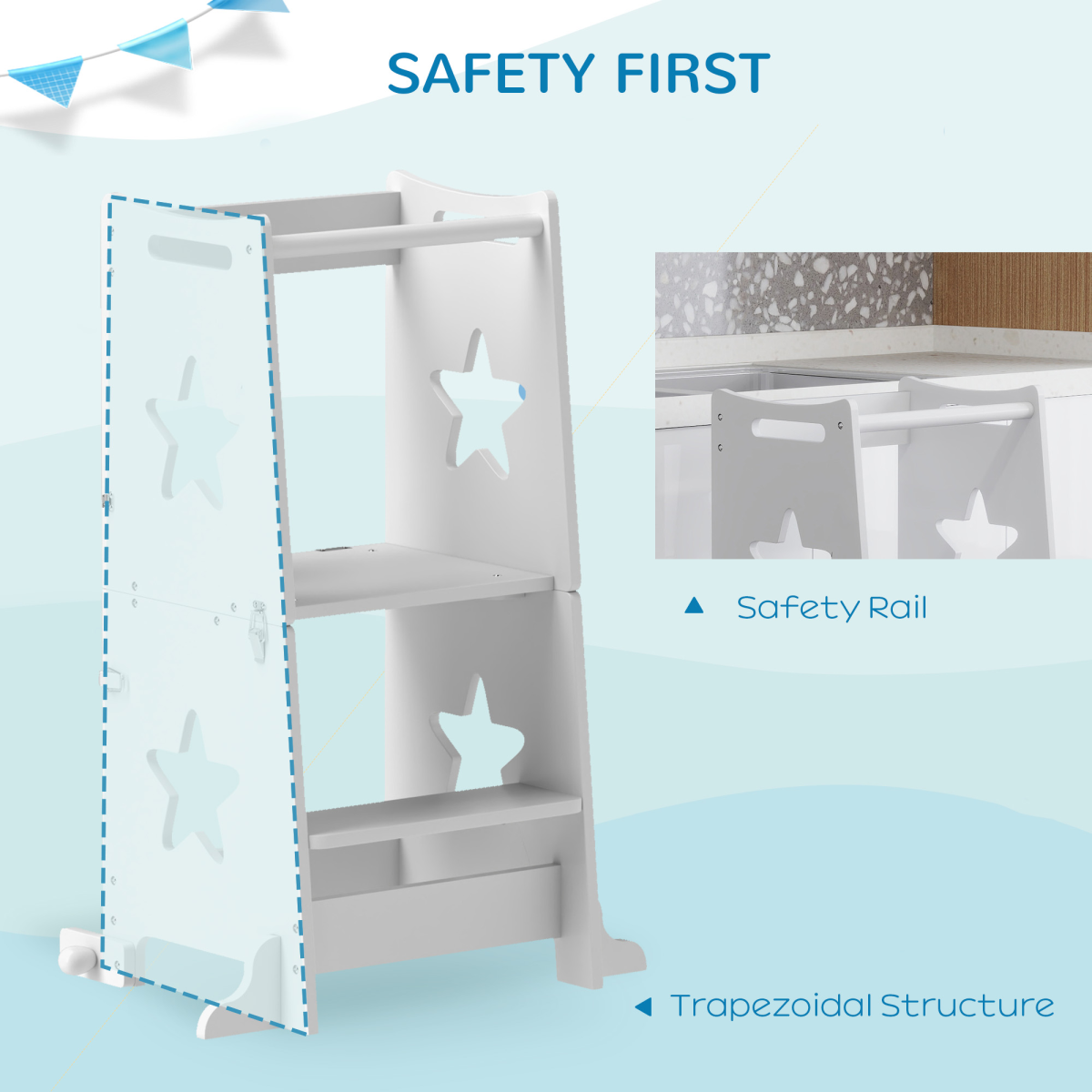AIYAPLAY 2 in 1 Toddler Step Stool with Safety Rail – Converts to Table and Chair Set, White