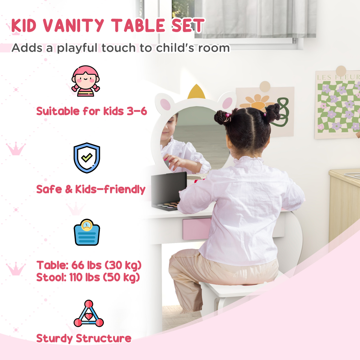 ZONEKIZ Kids Dressing Table with Mirror, Stool, Drawer & Storage Boxes – Unicorn Design Vanity Set, White