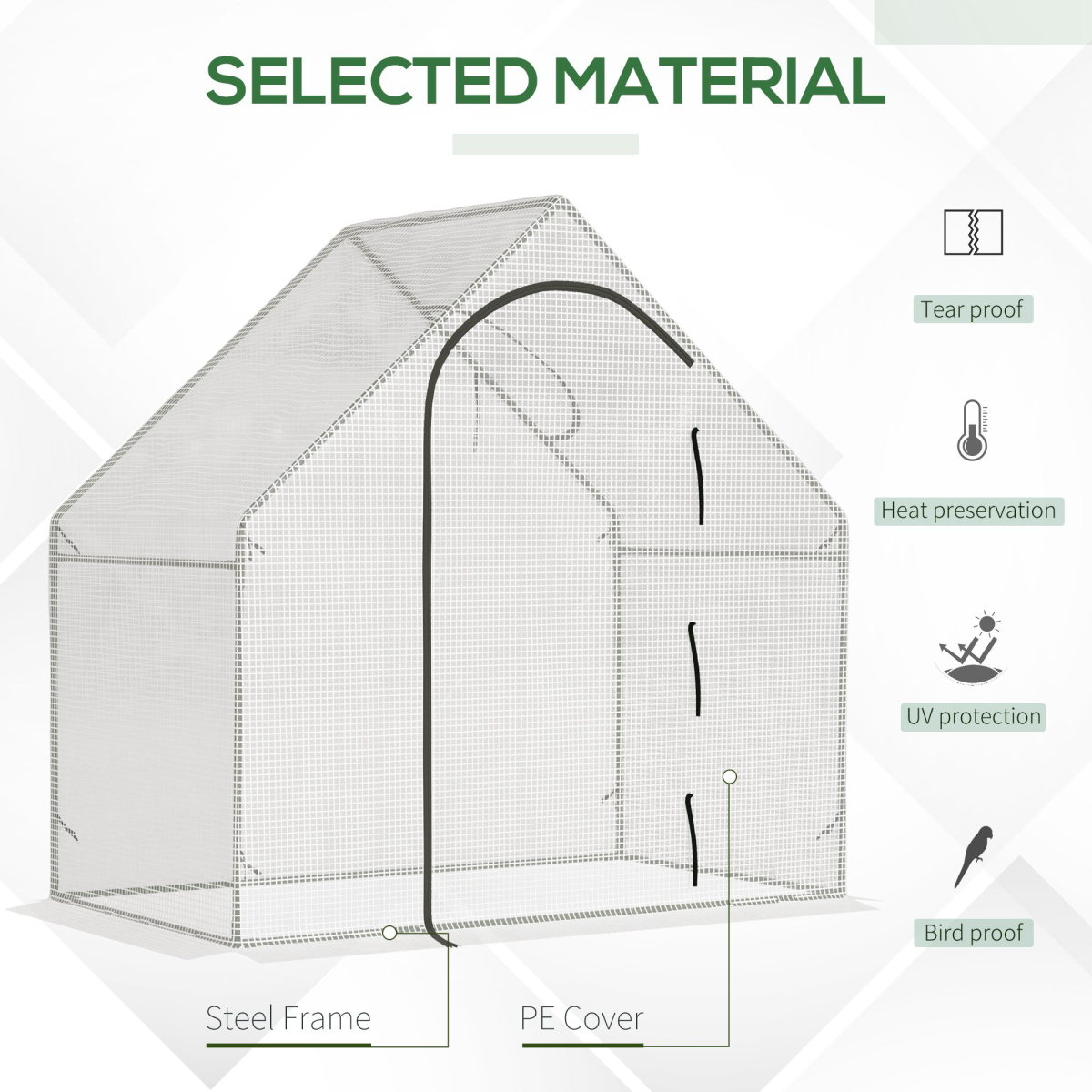 Outsunny Walk-In Greenhouse with Steel Frame, Roll-Up Window & Zipped Door, 180 x 100 x 165cm – White