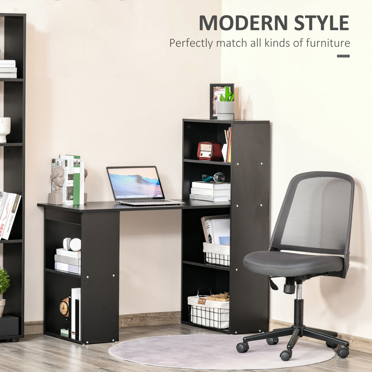 HOMCOM Computer Desk with 6 Shelves and Cubbies – Space-Saving Home Office Workstation, 120cm, Black
