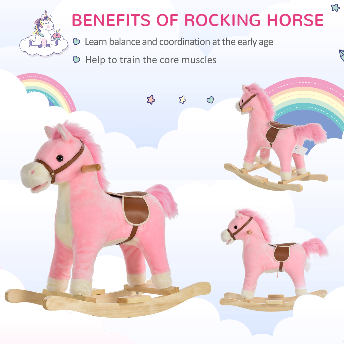 HOMCOM Plush Rocking Horse with Moving Mouth, Wagging Tail & Sounds – Toddler Ride-On, 36-72 Months, Pink