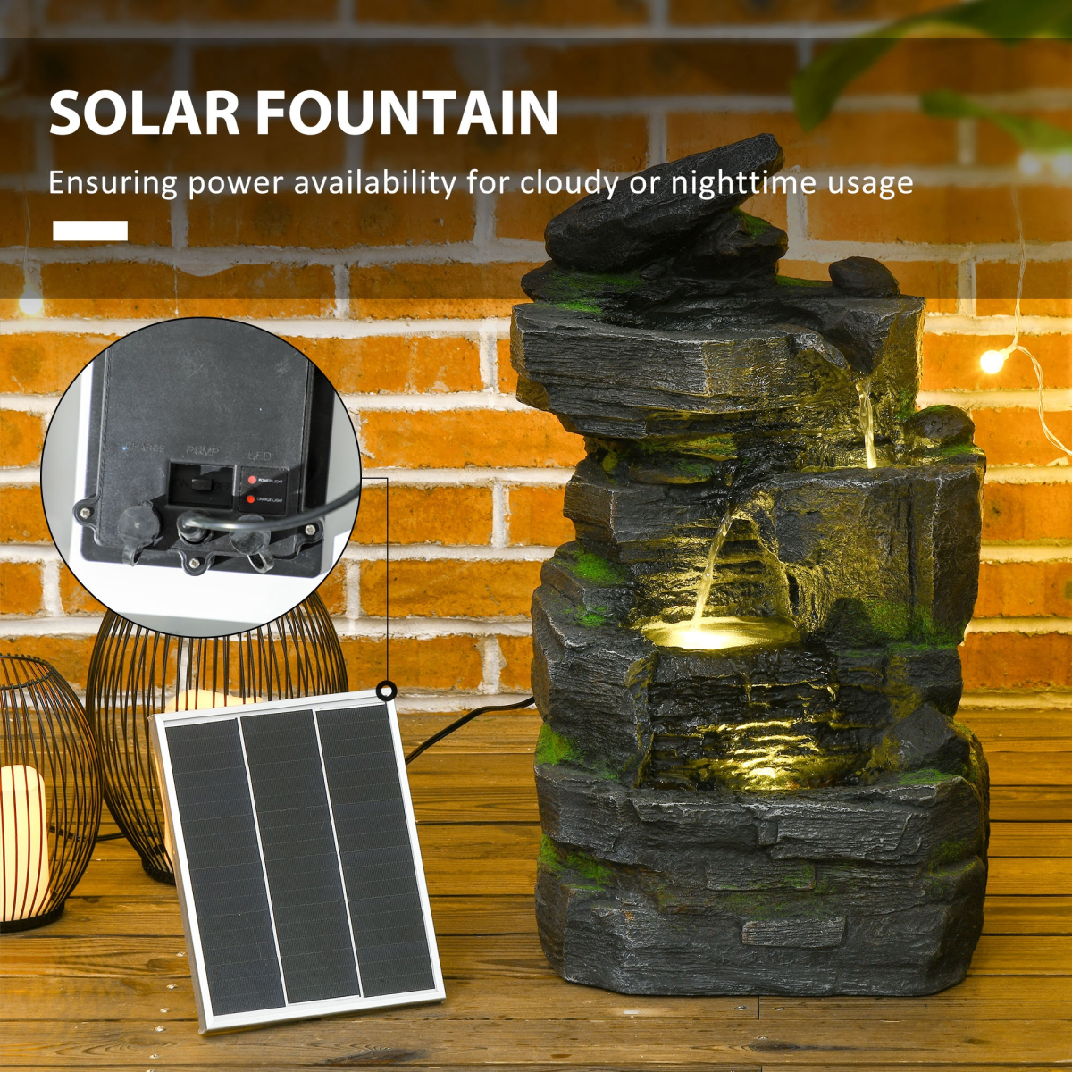 Outsunny Solar Powered Four-Tier Garden Fountain with 3 LED Lights – Outdoor Water Feature, Dark Grey and Green