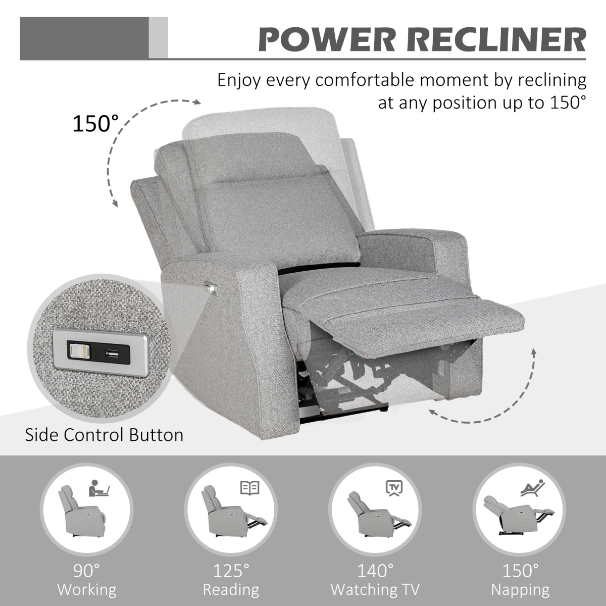 HOMCOM Electric Fabric Recliner Armchair with USB Port & Retractable Footrest – Grey