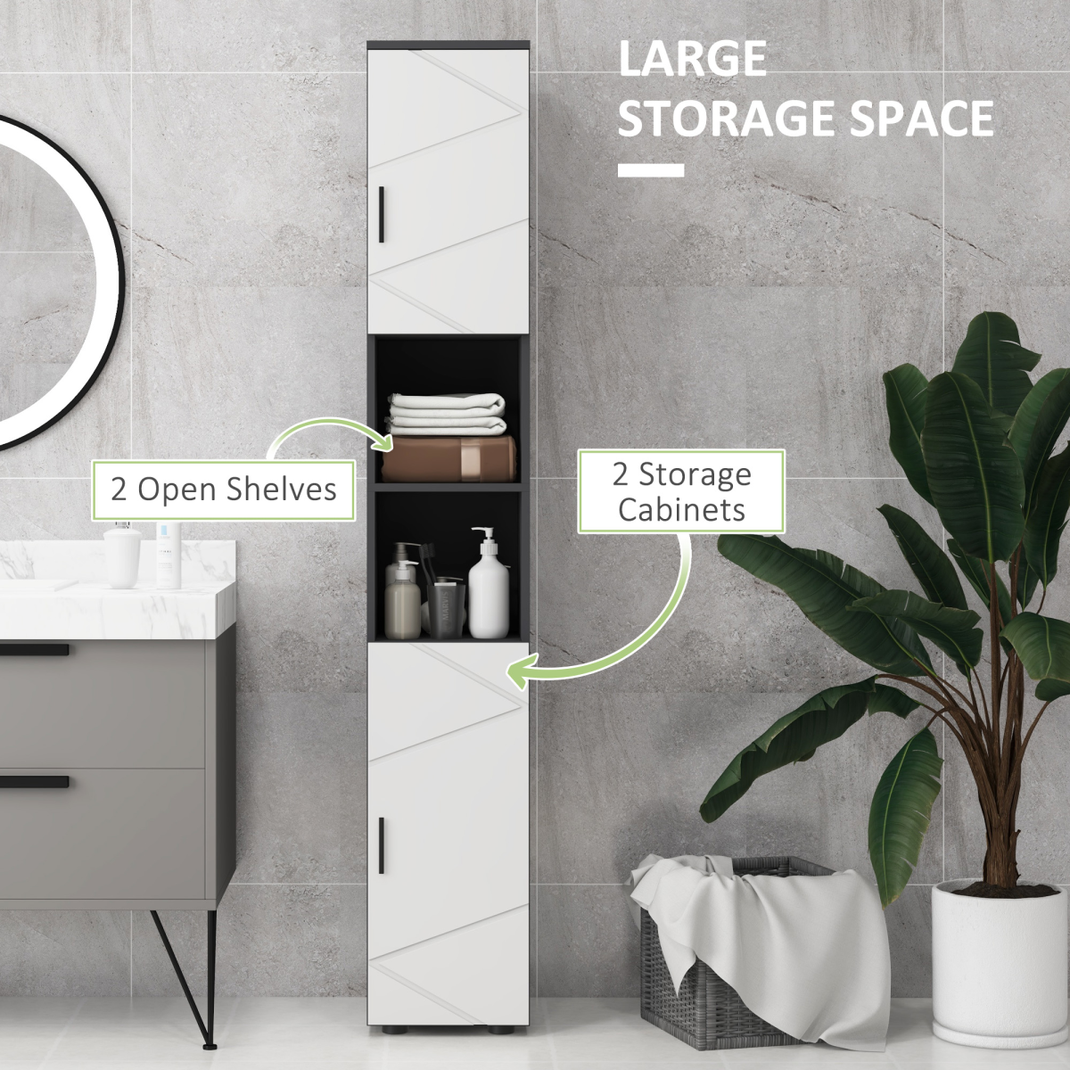 kleankin Tall Slim Bathroom Cabinet with Soft Close Doors – Geometric Panel Storage Unit