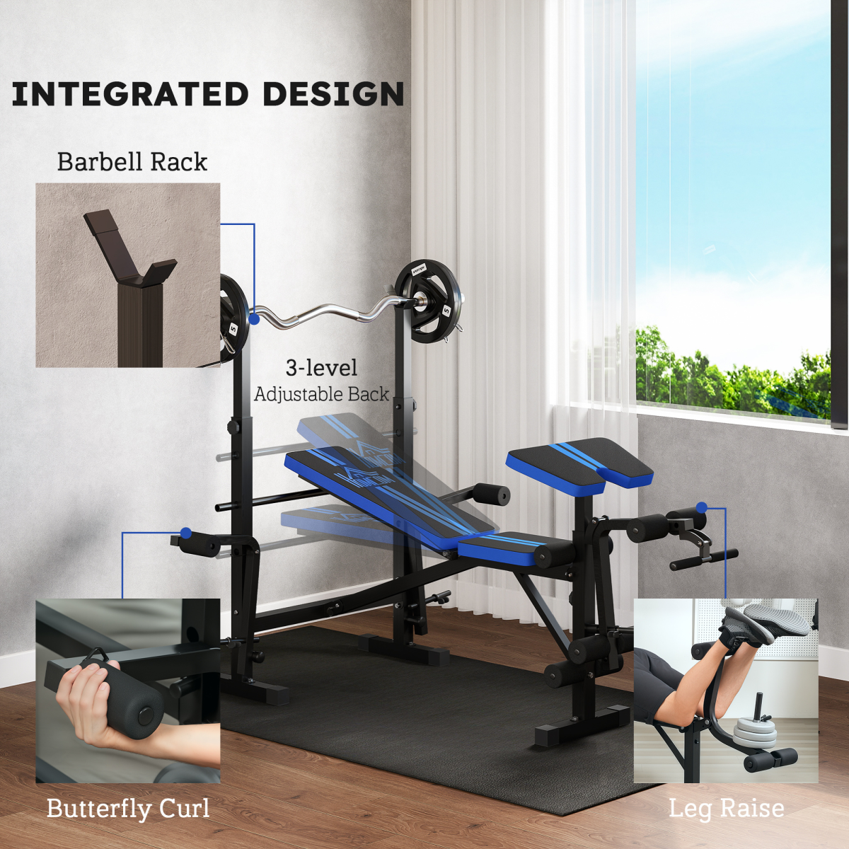 HOMCOM Multi-Function Weight Bench with Squat Rack, Leg Extension and Butterfly Curl – Home Gym, Black and Blue