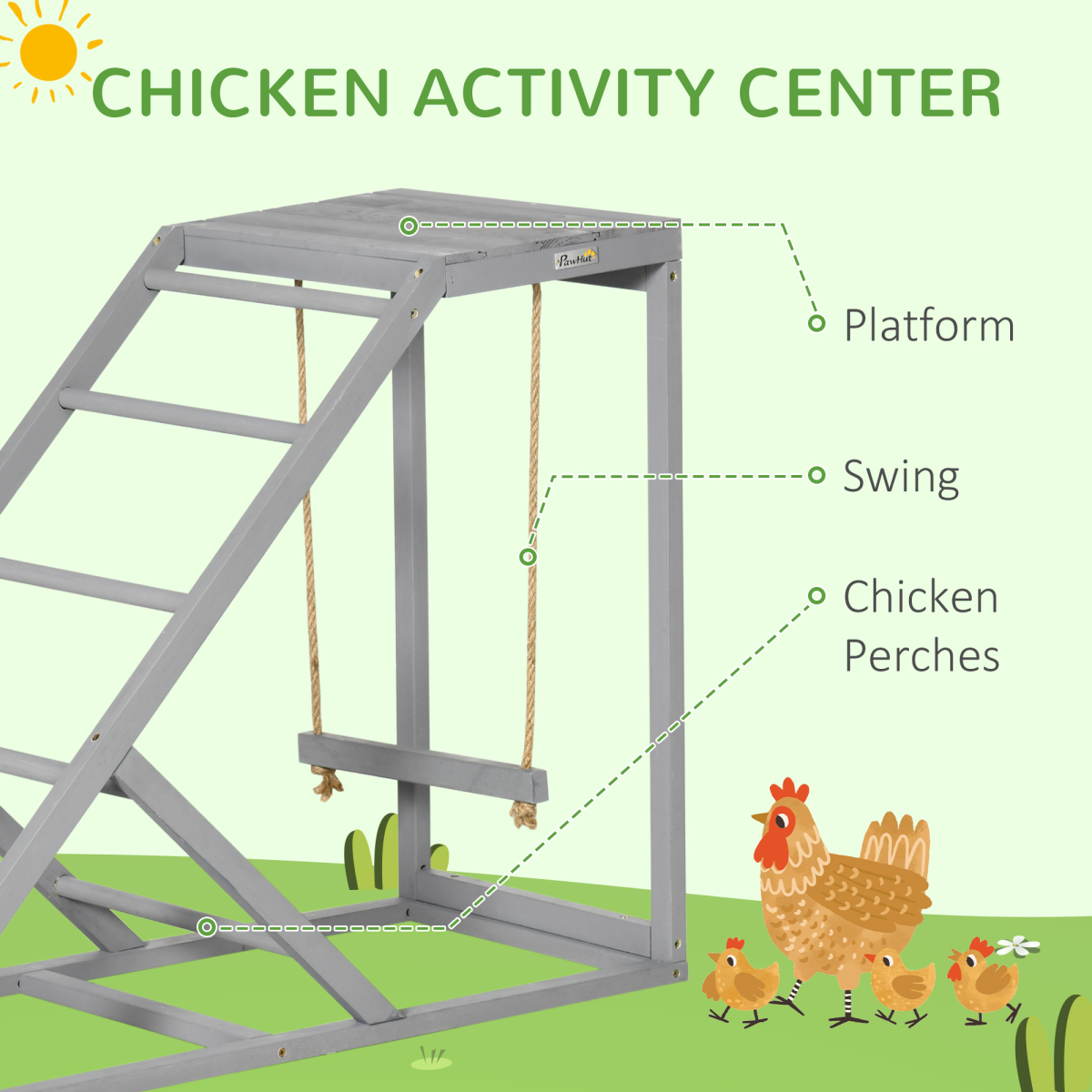 PawHut Chicken Coop Activity Toy with Swing, Ladder & Platform for 2 Chickens – Fir Wood Perch Stand, Grey
