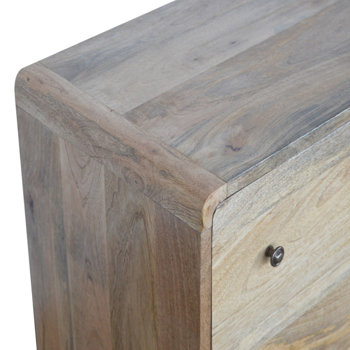 Artisan Furniture Solid Mango Wood Curved Chest of 3 Drawers with Nordic Legs – Oak-ish Finish, Light Brown