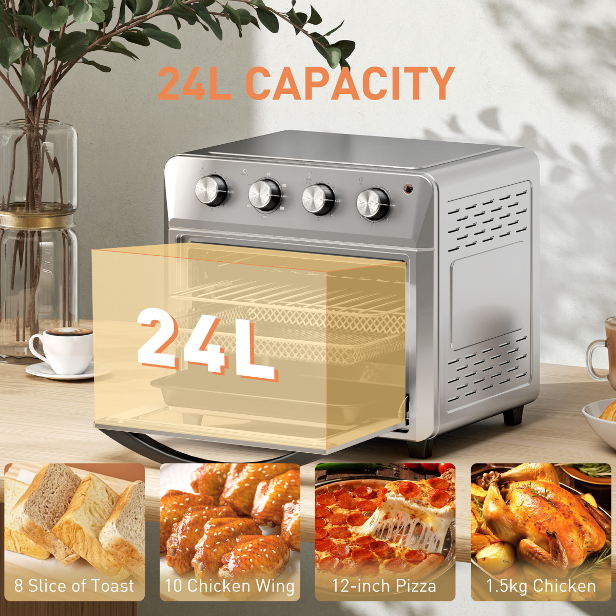 HOMCOM 24L Air Fryer Oven with 1600W Power – Grill, Roast & Bake, 360° Hot Air Circulation