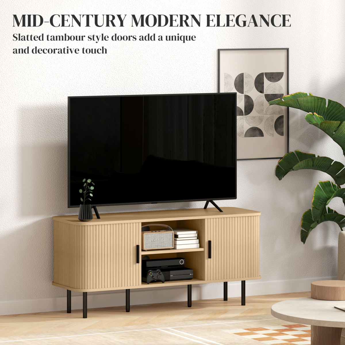 HOMCOM TV Unit with Two Open Shelves, Two Cupboards & Cable Management – Living Room Media Storage, Oak Tone