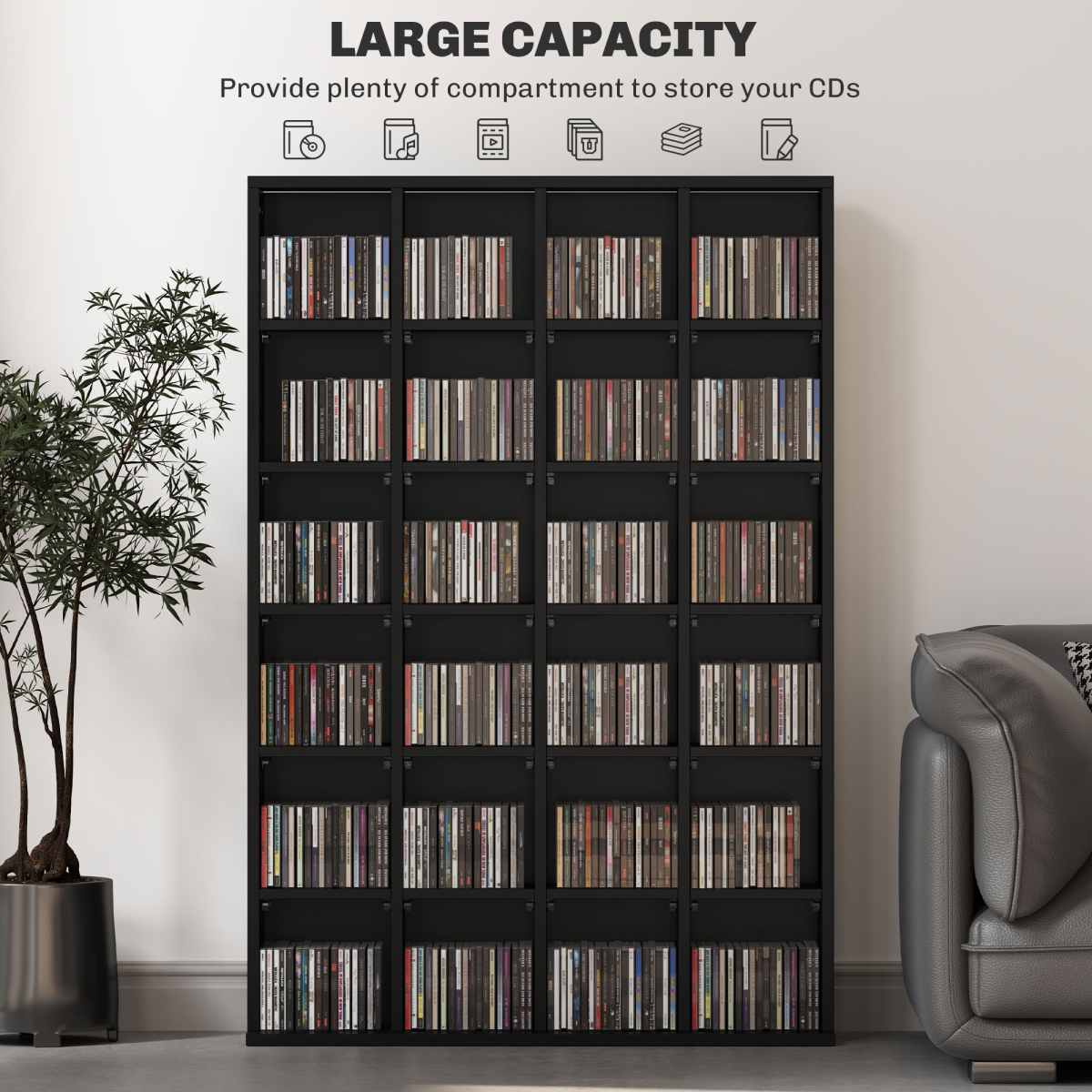 HOMCOM DVD & CD Media Storage Rack, 89 x 130.5cm – Holds 480 CDs or 312 DVDs, Living Room Shelf, Black