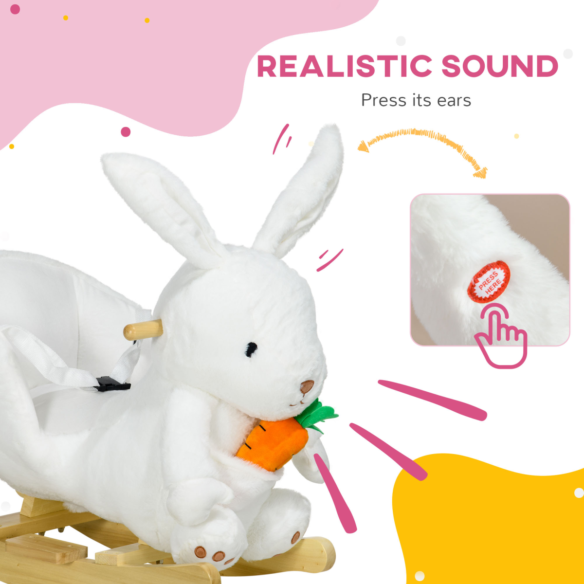 HOMCOM Kids Rabbit Rocking Horse with Realistic Sounds and Safety Belt – Poplar Wood Rocker, White